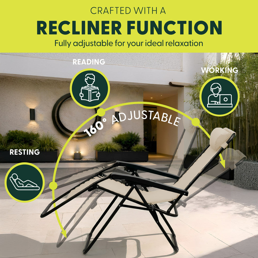 KEPLIN Set of 2 Heavy Duty Monocolour and Basic Textoline Zero Gravity Chairs for Garden Light Reclining Patio Sun loungers Easy to Clean Adjustable Head Rest Foldable with Cup & Phone Holder