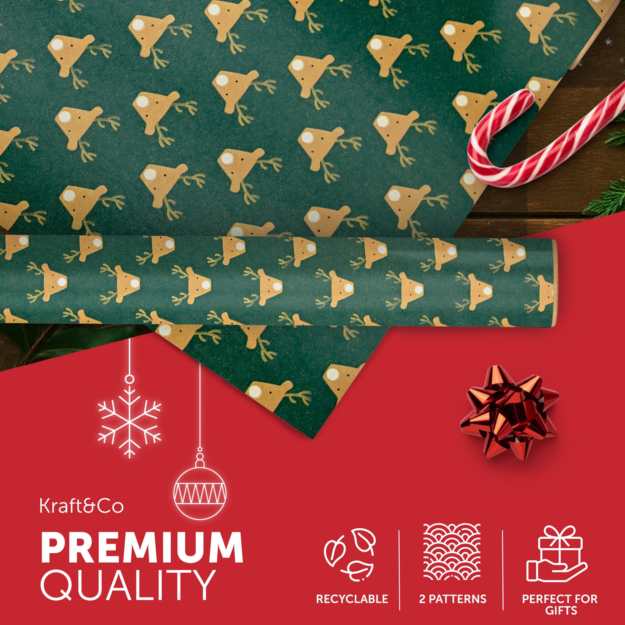 Kraft & Co 2 Pack Christmas Wrapping Paper Roll - Festive Designed Recyclable Kraft Paper, Perfect for Holiday Gifts, Arts & Crafts-Wrapping for a Merry Christmas (44.5cm x 25m)