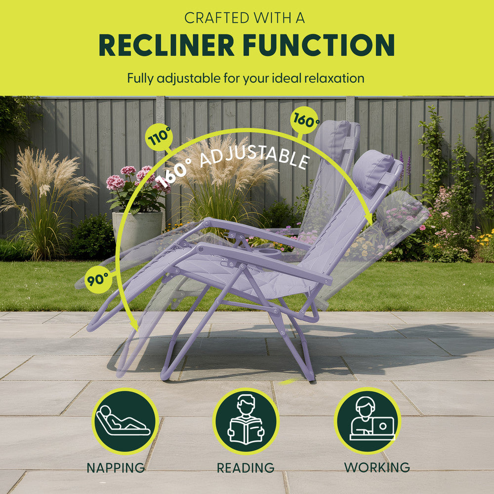 KEPLIN Set of 2 XXL Premium Heavy Duty Quilted Zero Gravity Chairs - Luxurious Garden Recliners, Adjustable Headrest, Cup & Phone Holder, Foldable, Easy to Clean Patio Sun Loungers