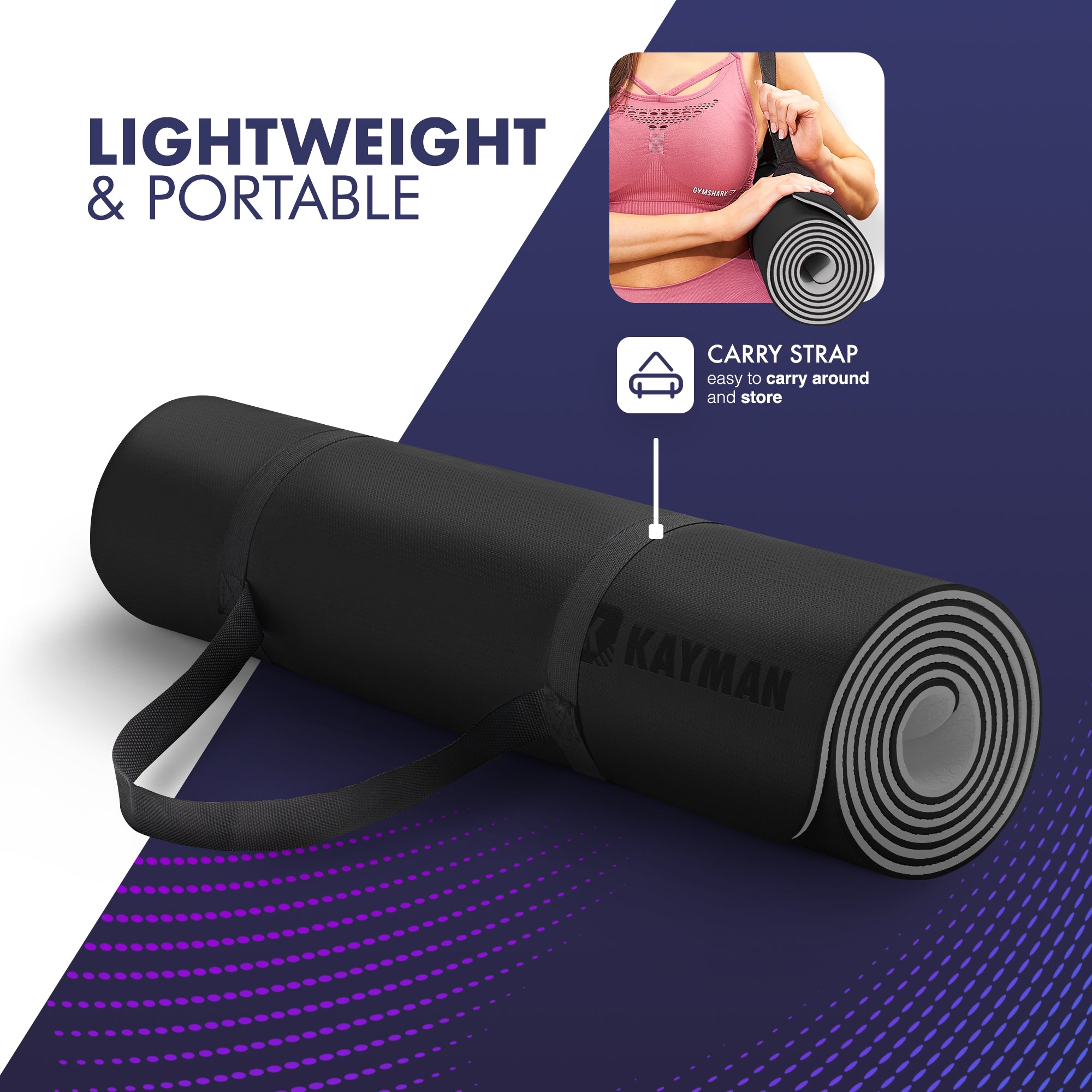 KAYMAN Yoga & Exercise Mat with Carry Strap, Large Non-Slip Comfortable Training & Workout Floor Mat for Home or Outdoor, Gym, Pilates, Gymnastics, HiiT, Stretching & Meditation