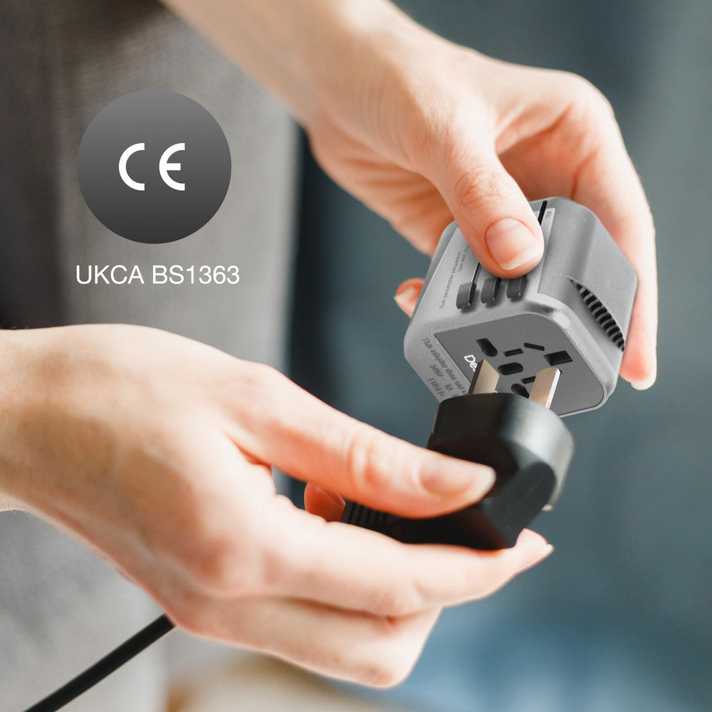 Desiretech Travel Adaptor 4-in-1 Universal Plug Adapter with USB-A, USB-C, Phone Docking - Compact UK to World Adaptor, Double Fuse Protection - Perfect for Europe, USA, Asia & Beyond