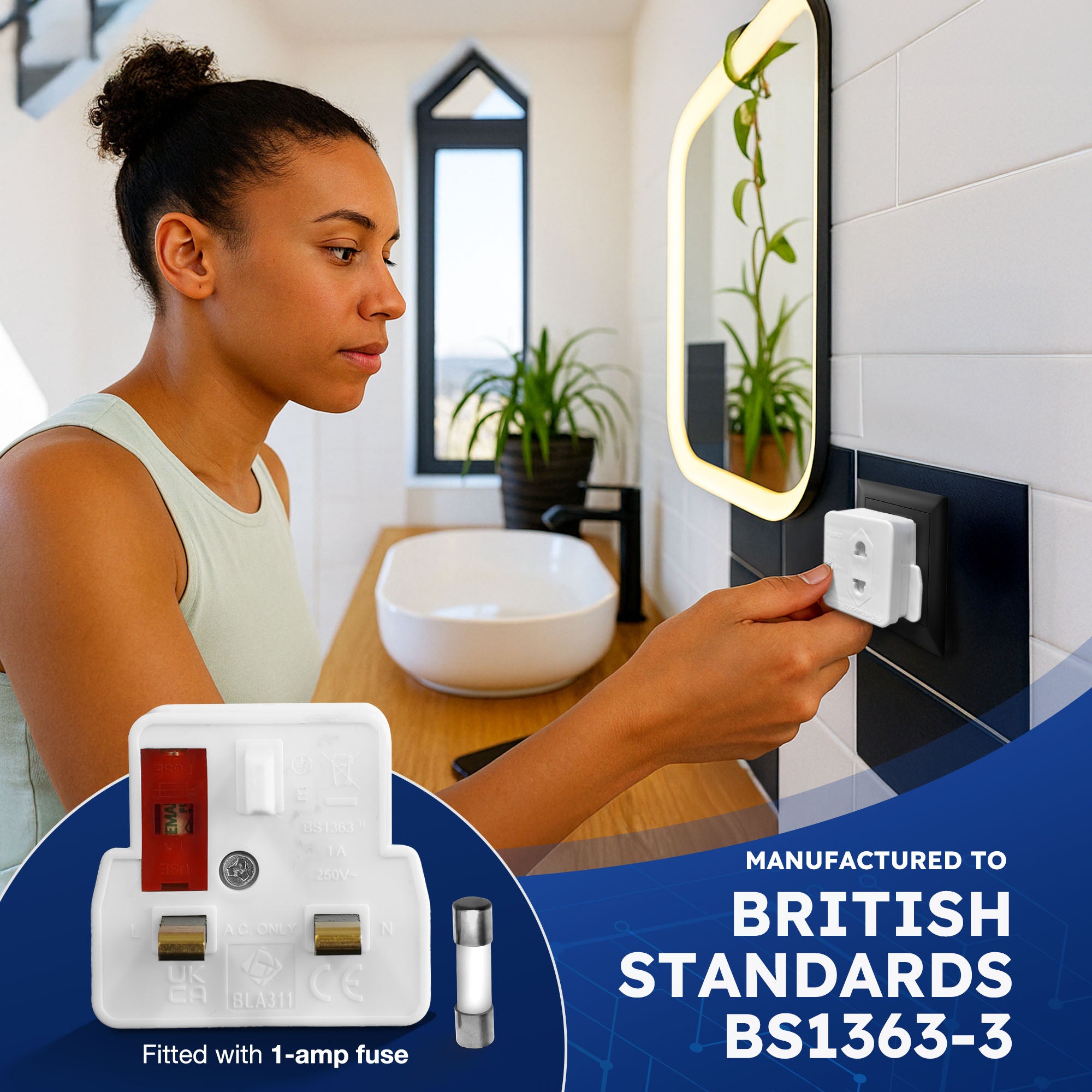 Desiretech - UK Shaver Adaptor Plug - Fused 1A 250V 2-Pin to 3-Pin Converter - CE Certified Plug for Electric Shaver & Toothbrush - Compact, Heat-Resistant, Safe UK Bathroom Socket Adaptor - White