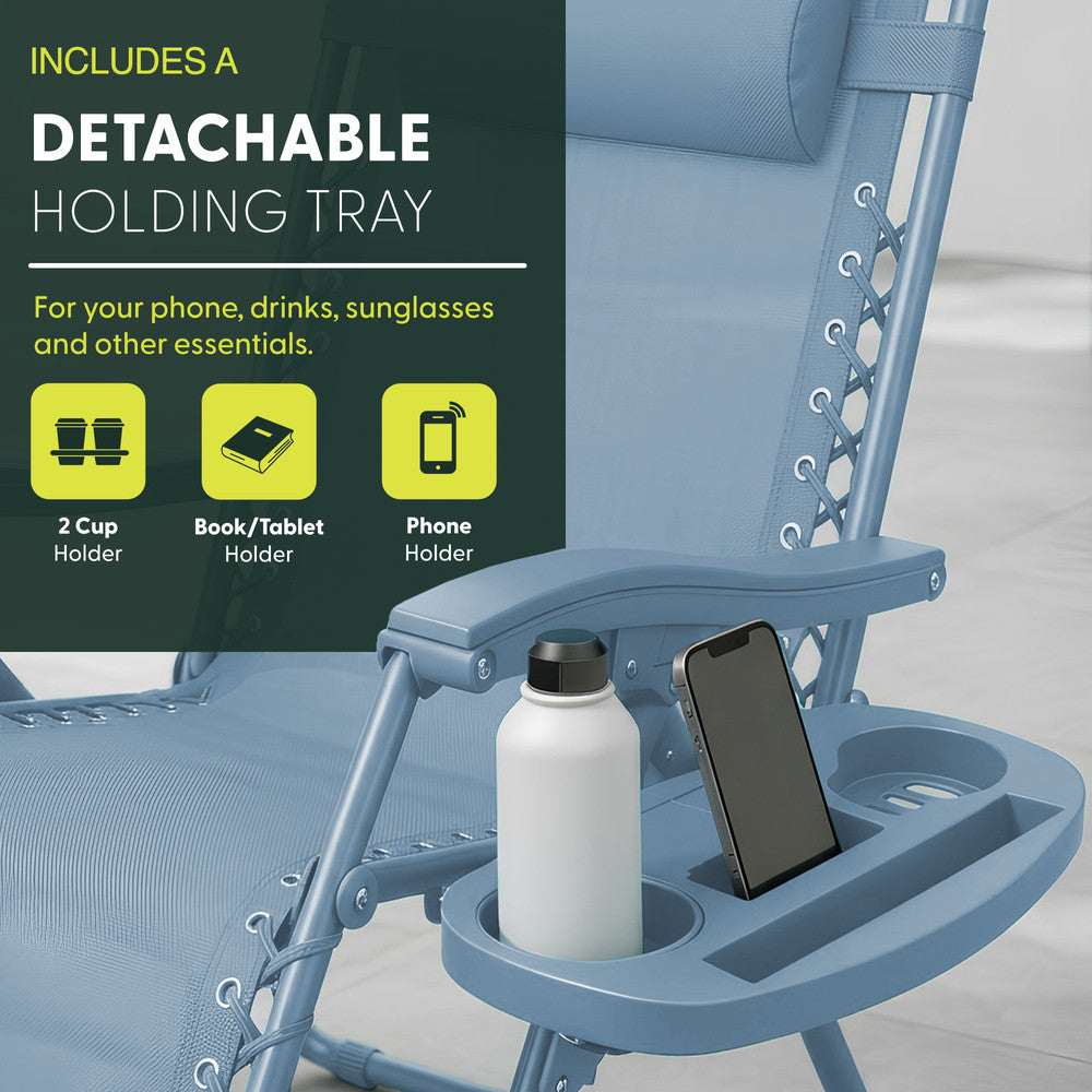 KEPLIN Set of 2 Heavy Duty Monocolour and Basic Textoline Zero Gravity Chairs for Garden Light Reclining Patio Sun loungers Easy to Clean Adjustable Head Rest Foldable with Cup & Phone Holder