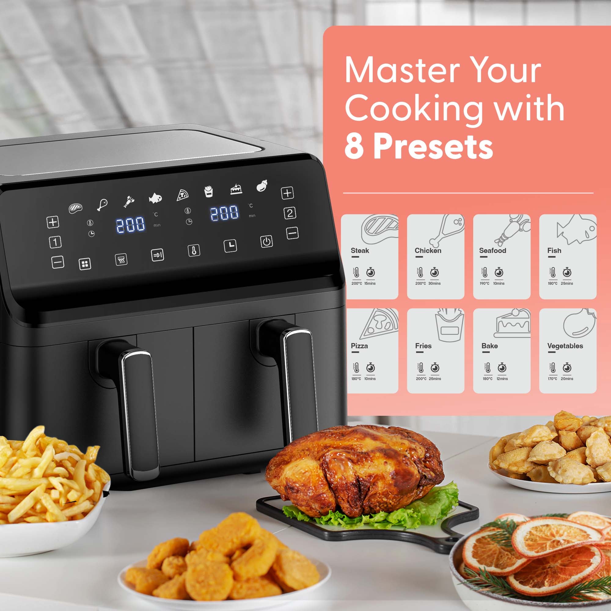 Keplin 9L Dual Zone Air Fryer - 2700W Energy-Saving Cooker with 6 Cooking Functions - Extra-Large Capacity for Healthy Meals - Roast, Bake, Dehydrate, Crisp - Family Size (9L)