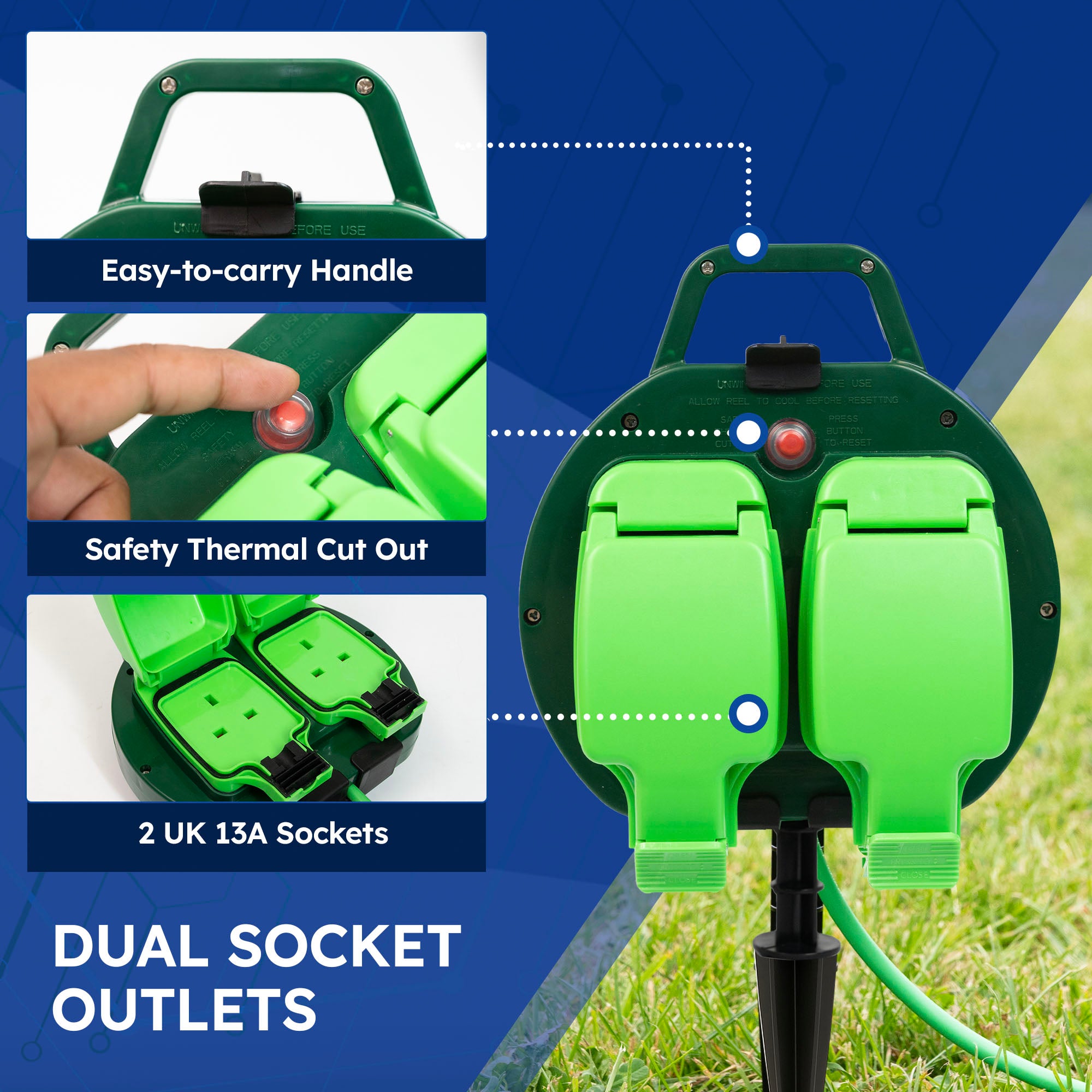Desiretech - 10m / 15m Weatherproof Extension Cable - with Sockets - 13 Amp Outdoor Lead - Waterproof IP54 - Durable Green Cable for Garden, Outdoor Equipment & Power Tools - Flexible & Heavy Duty Design
