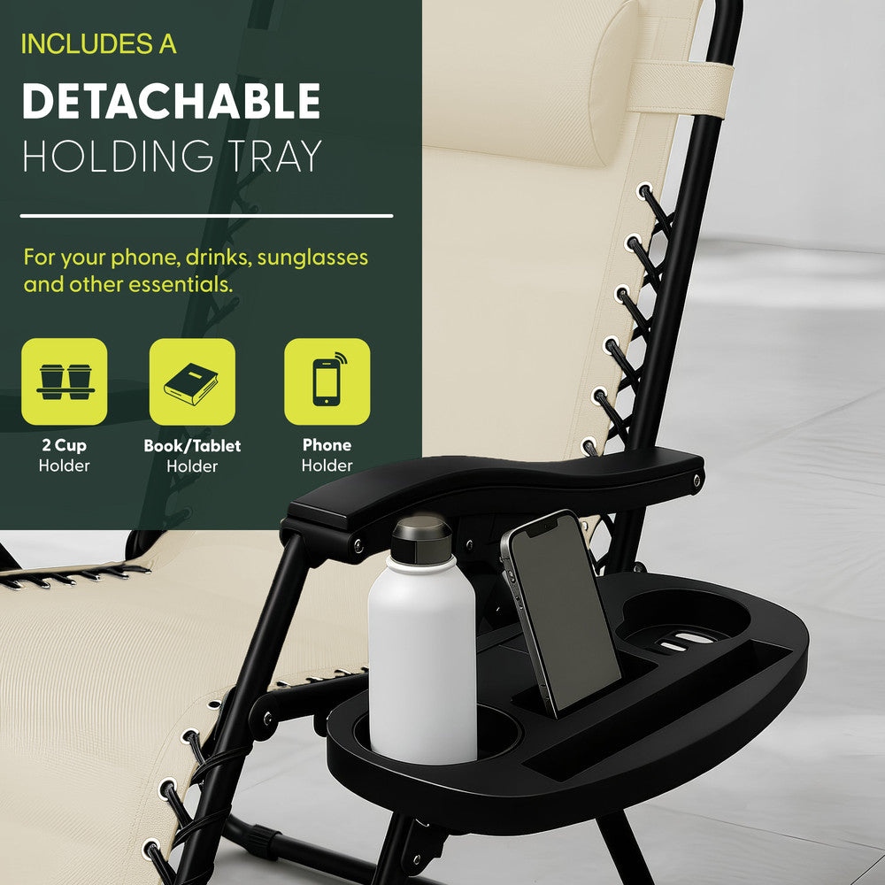 KEPLIN Set of 2 Heavy Duty Monocolour and Basic Textoline Zero Gravity Chairs for Garden Light Reclining Patio Sun loungers Easy to Clean Adjustable Head Rest Foldable with Cup & Phone Holder