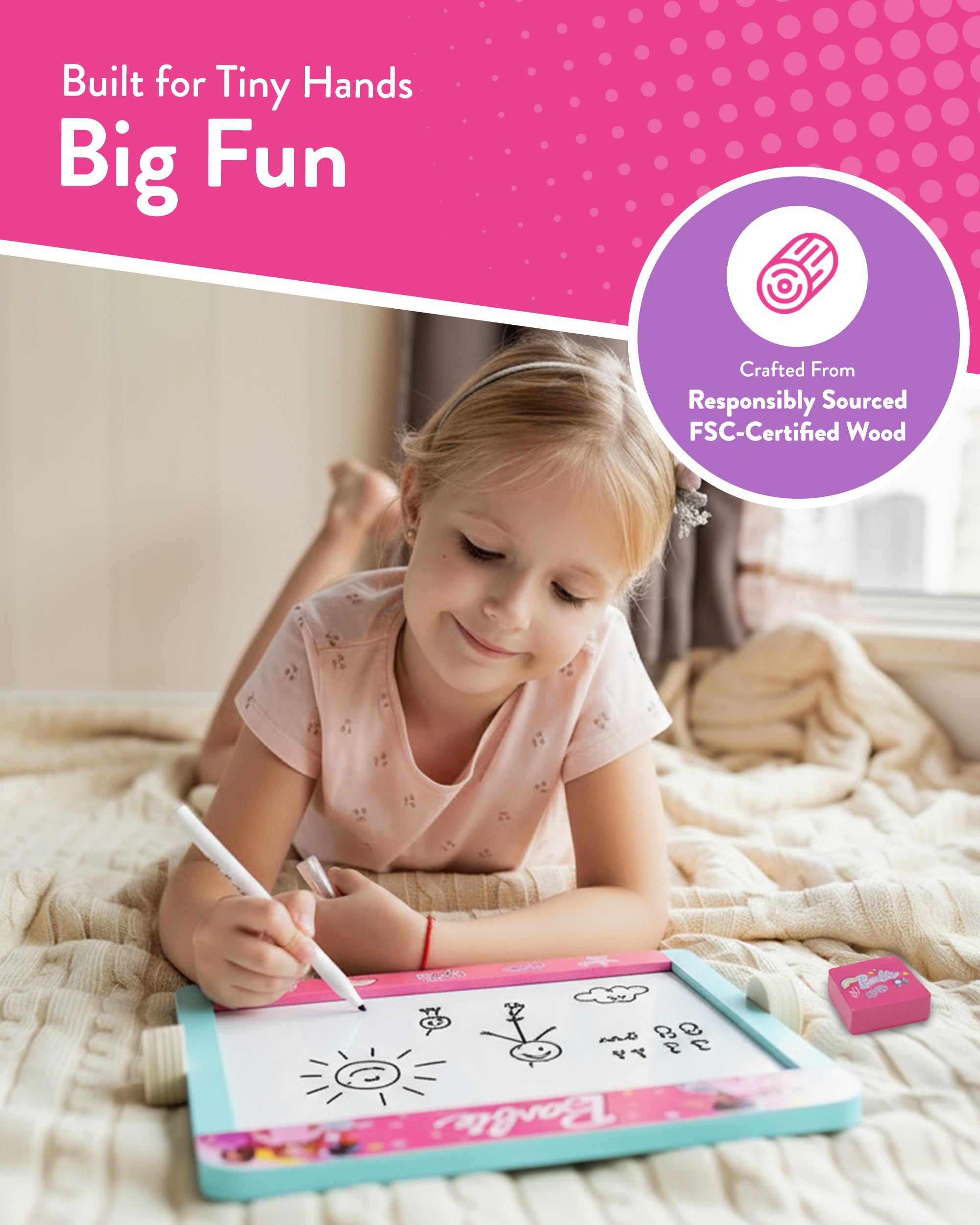 Barbie Tabletop Easel – Double Sided Blackboard & Whiteboard with Pen, Eraser & Chalk – Kids Drawing Art Board – Wooden Easel for Creative Play