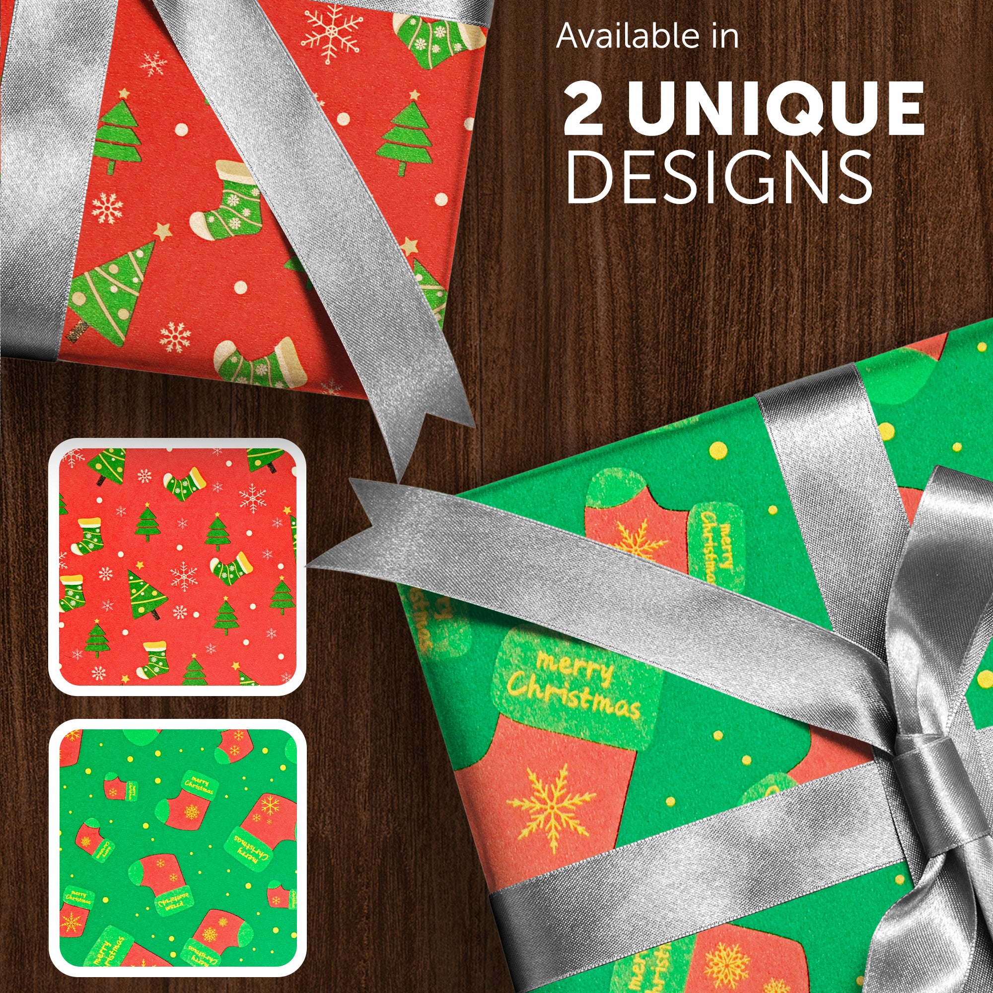 Kraft & Co 2 Pack Christmas Wrapping Paper Roll - Festive Designed Recyclable Kraft Paper, Perfect for Holiday Gifts, Arts & Crafts-Wrapping for a Merry Christmas (44.5cm x 25m)