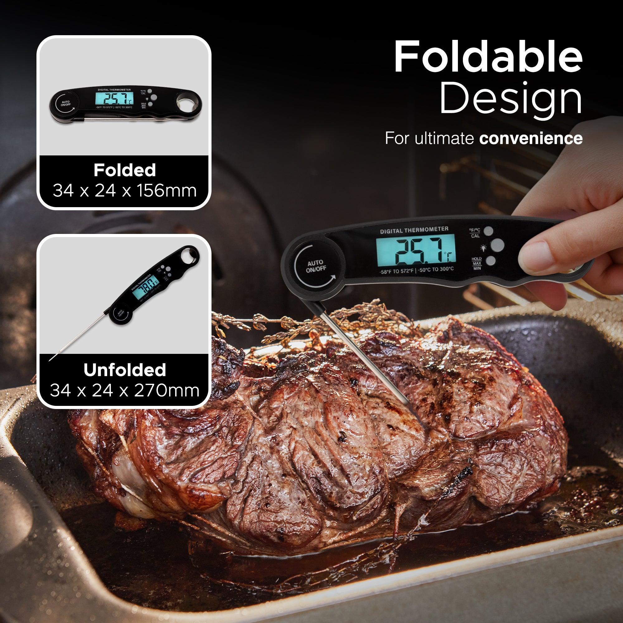 Keplin Meat Thermometer - Instant Read Food Thermometer with Backlight LCD, Foldable Design, Auto Turn Off, Magnet, Fast 3-Second Response, Temperature Range 0-150°C, Includes Bottle Opener