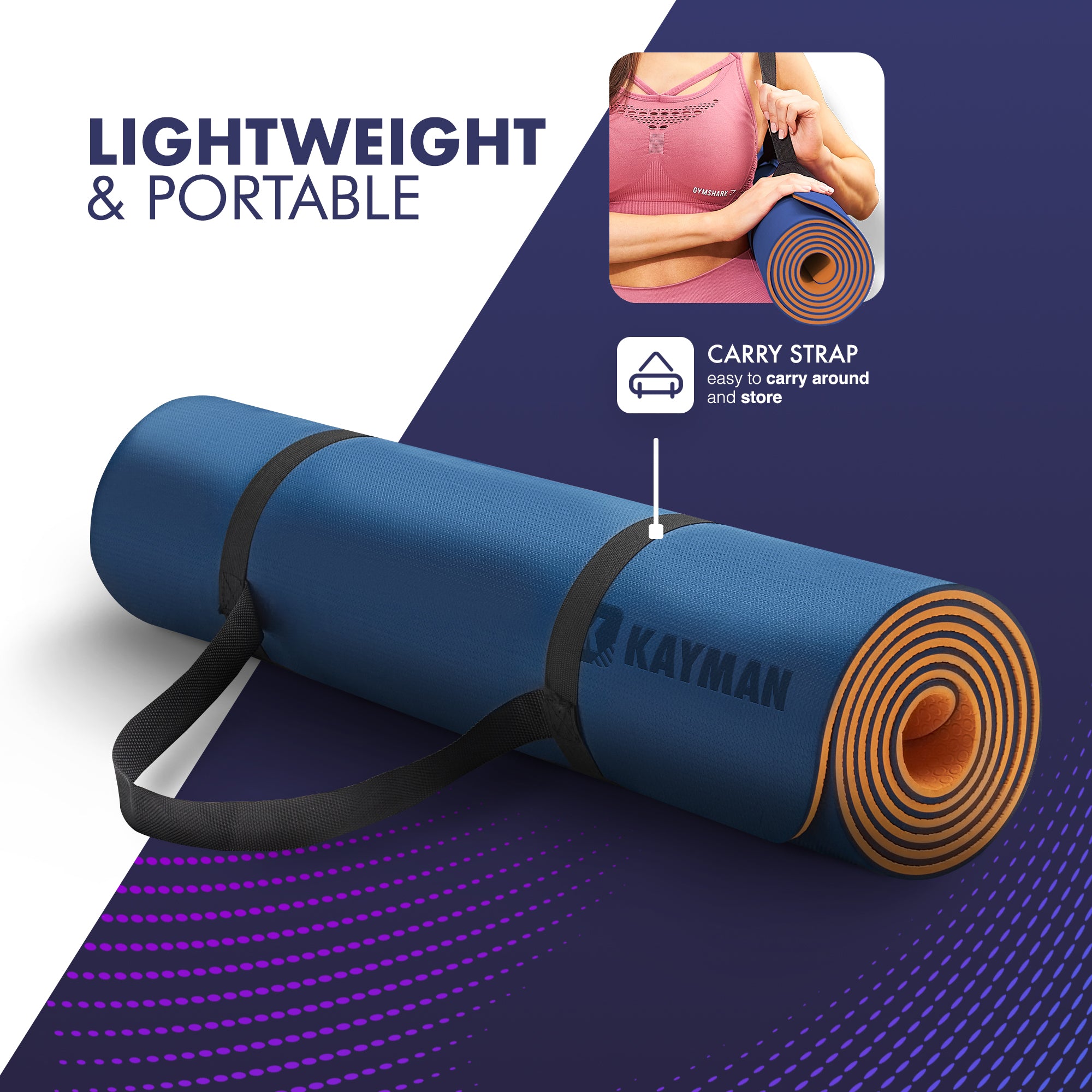 KAYMAN Yoga & Exercise Mat with Carry Strap, Large Non-Slip Comfortable Training & Workout Floor Mat for Home or Outdoor, Gym, Pilates, Gymnastics, HiiT, Stretching & Meditation