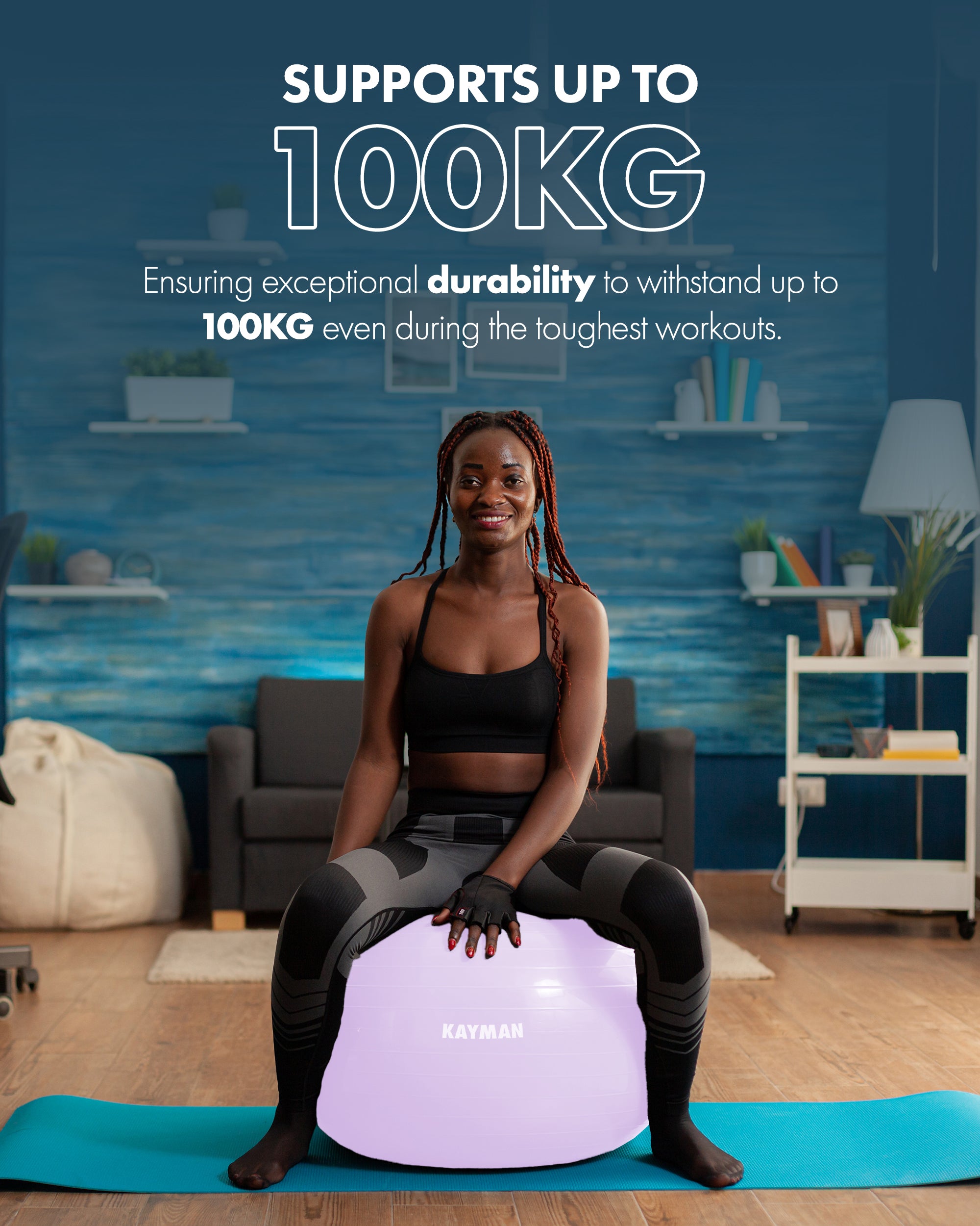 KAYMAN Exercise Ball - Anti-Burst System, Non-Slip Rings, Durable Material, Easy to Inflate, Ideal for Yoga, Pilates, Fitness, Balance Training, Gym, and Home Workouts