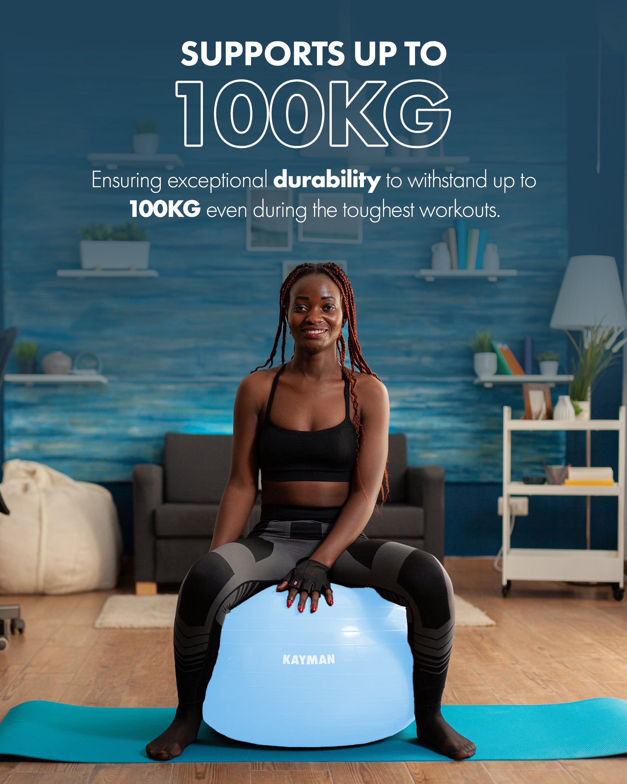 KAYMAN Exercise Ball - Anti-Burst System, Non-Slip Rings, Durable Material, Easy to Inflate, Ideal for Yoga, Pilates, Fitness, Balance Training, Gym, and Home Workouts