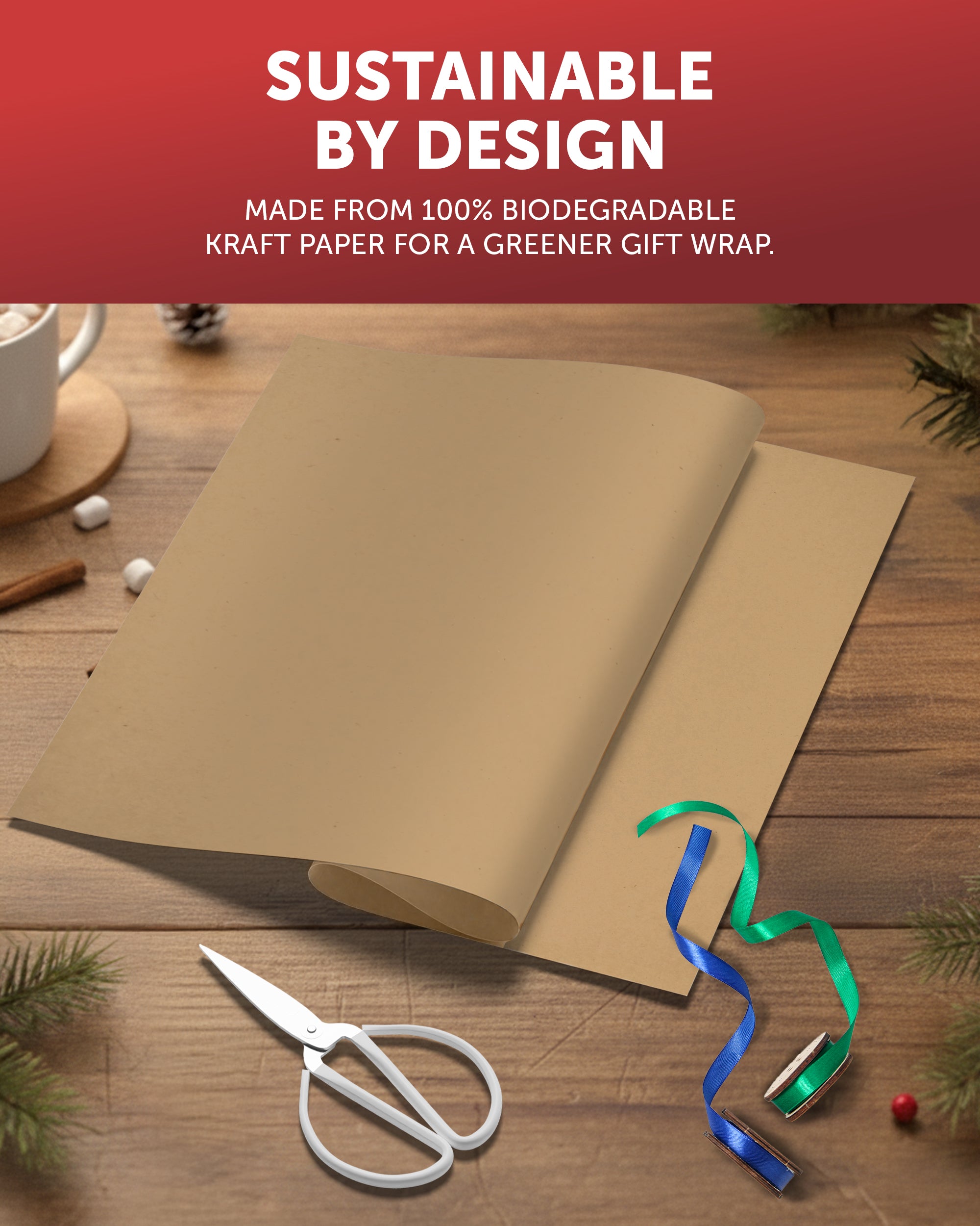 Kraft & Co Recycled Kraft Wrapping Paper Roll – 80gsm Durable Tear-Resistant Gift Wrap, Eco-Friendly, Recyclable & Biodegradable – All-Occasion Wrapping Paper