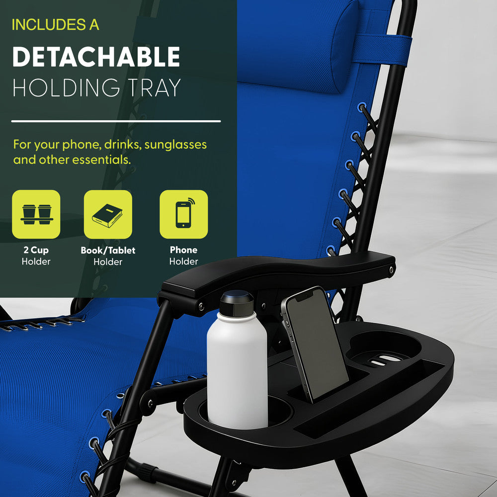 KEPLIN Set of 2 Heavy Duty Monocolour and Basic Textoline Zero Gravity Chairs for Garden Light Reclining Patio Sun loungers Easy to Clean Adjustable Head Rest Foldable with Cup & Phone Holder