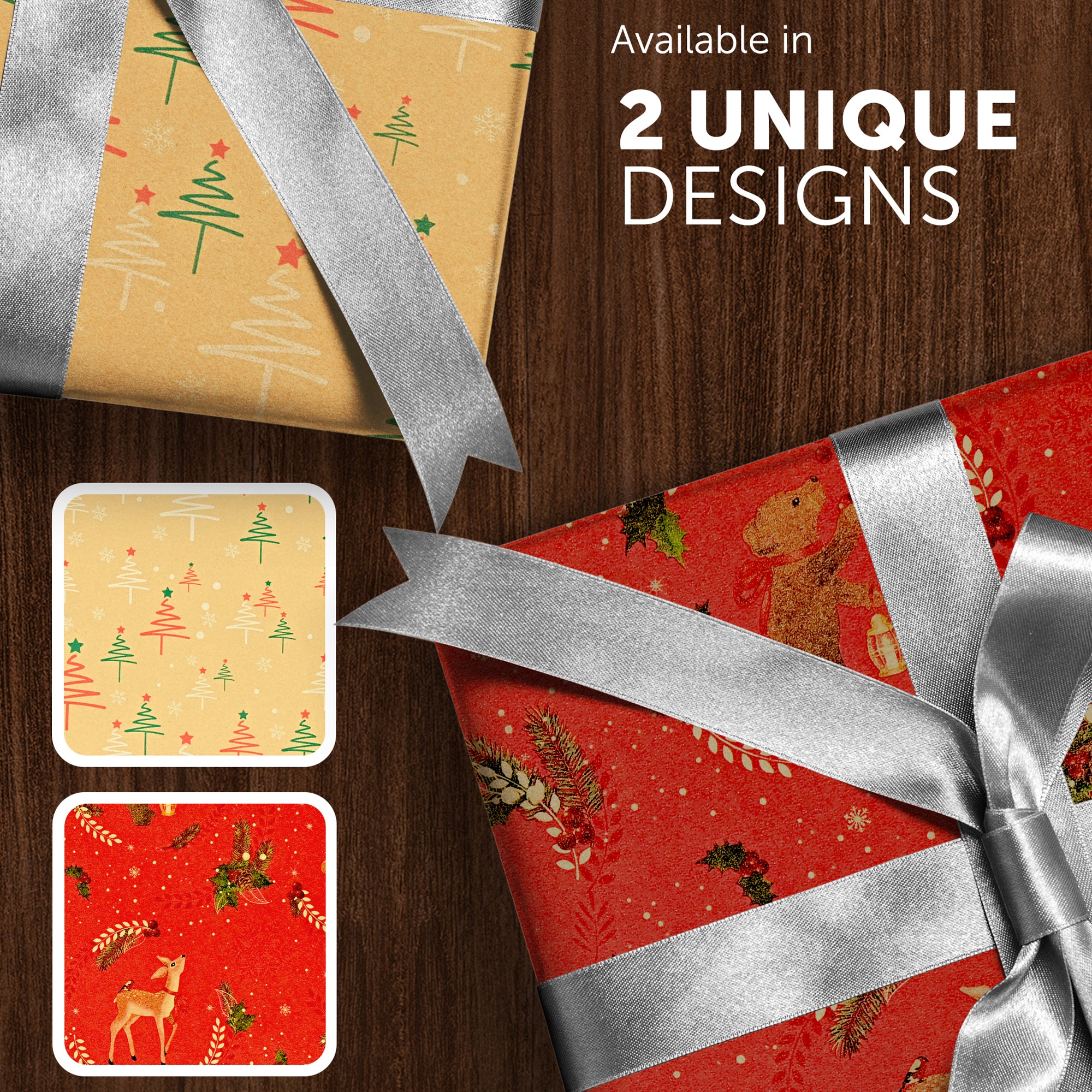 Kraft & Co 2 Pack Christmas Wrapping Paper Roll - Festive Designed Recyclable Kraft Paper, Perfect for Holiday Gifts, Arts & Crafts-Wrapping for a Merry Christmas (44.5cm x 25m)