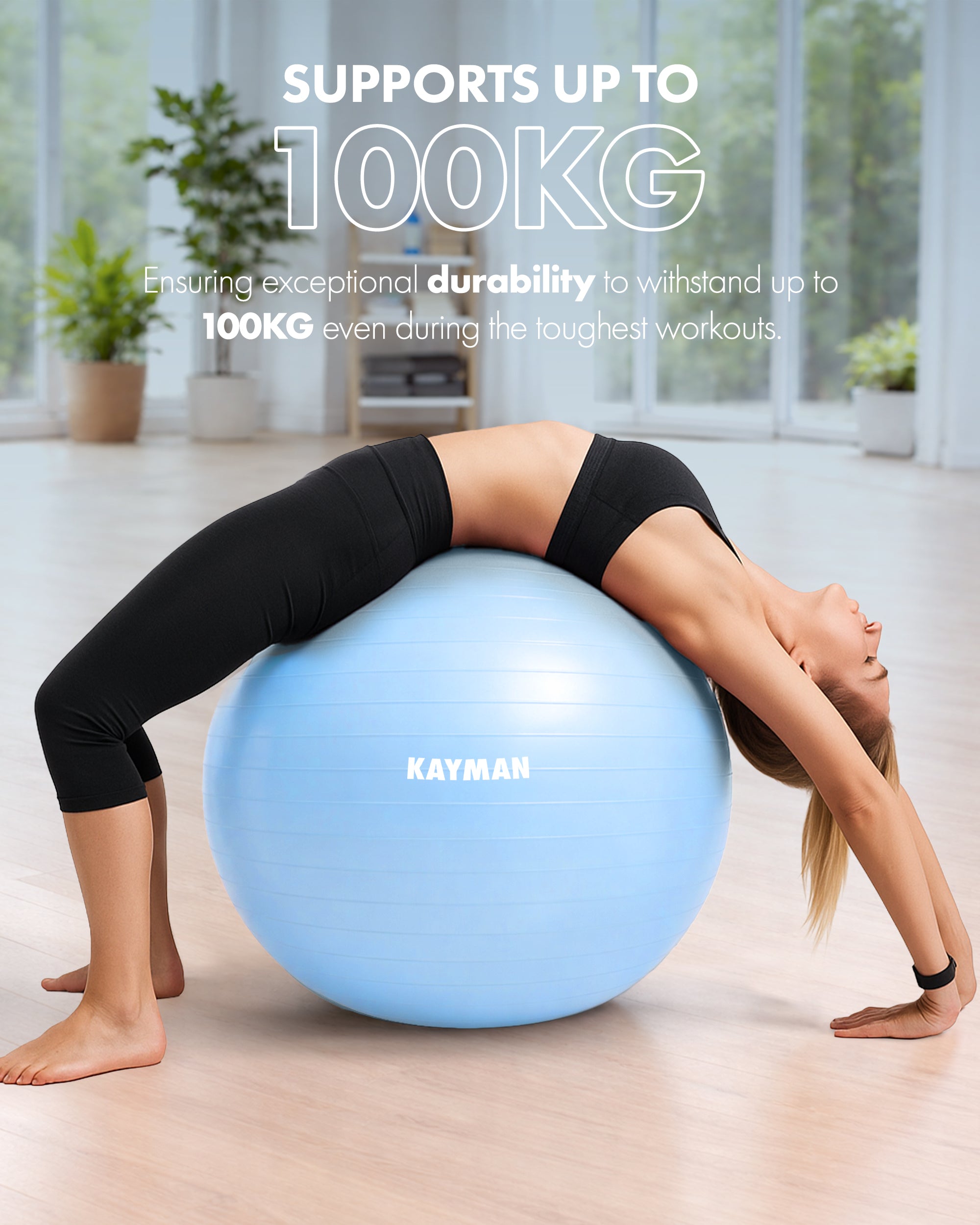 KAYMAN Exercise Ball - Anti-Burst System, Non-Slip Rings, Durable Material, Easy to Inflate, Ideal for Yoga, Pilates, Fitness, Balance Training, Gym, and Home Workouts