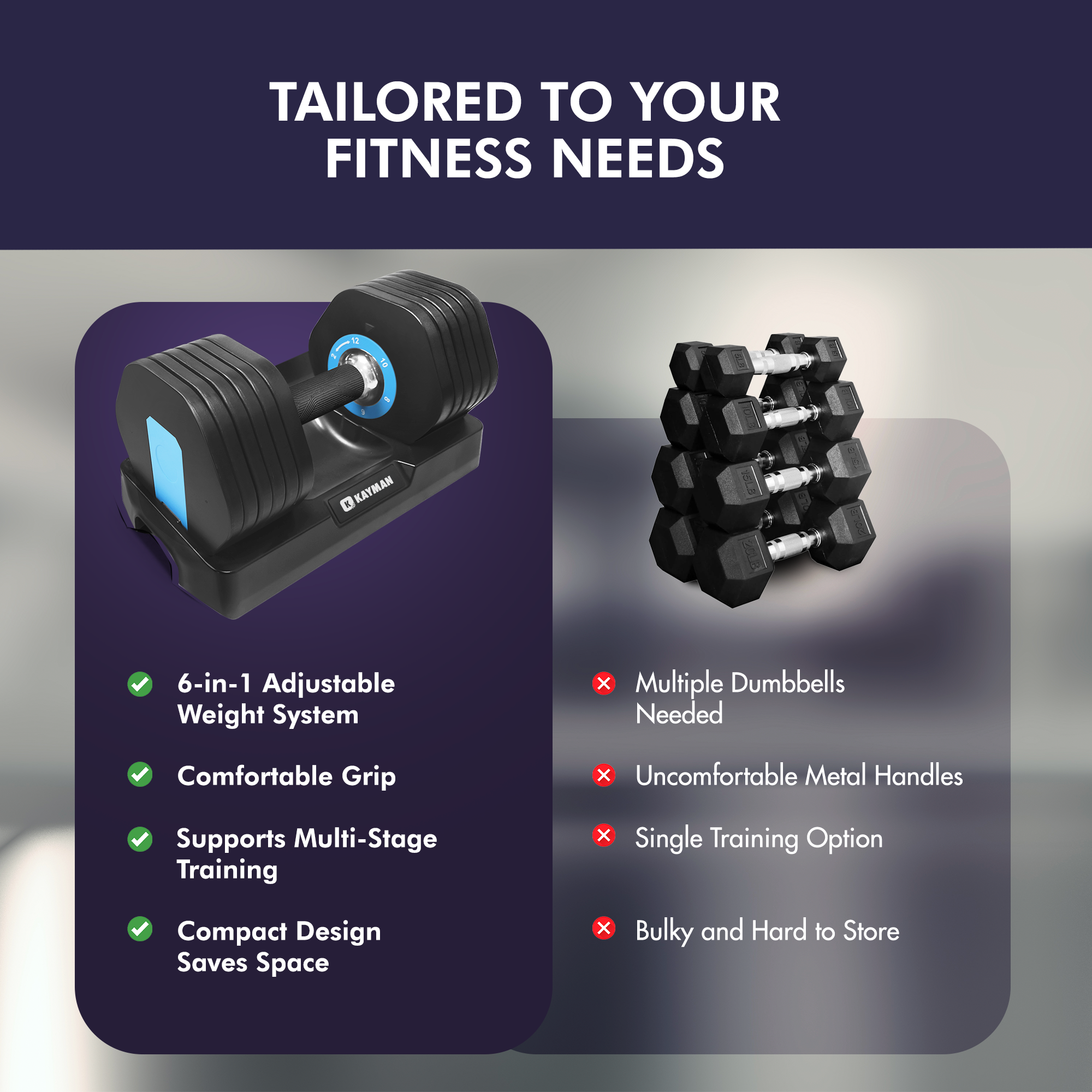 Kayman 12-in-1 Adjustable Dumbbells Set Pair, Home Gym Weights, 24kg Pairs Space-Saving Fitness Equipment with Smart Click Adjustment