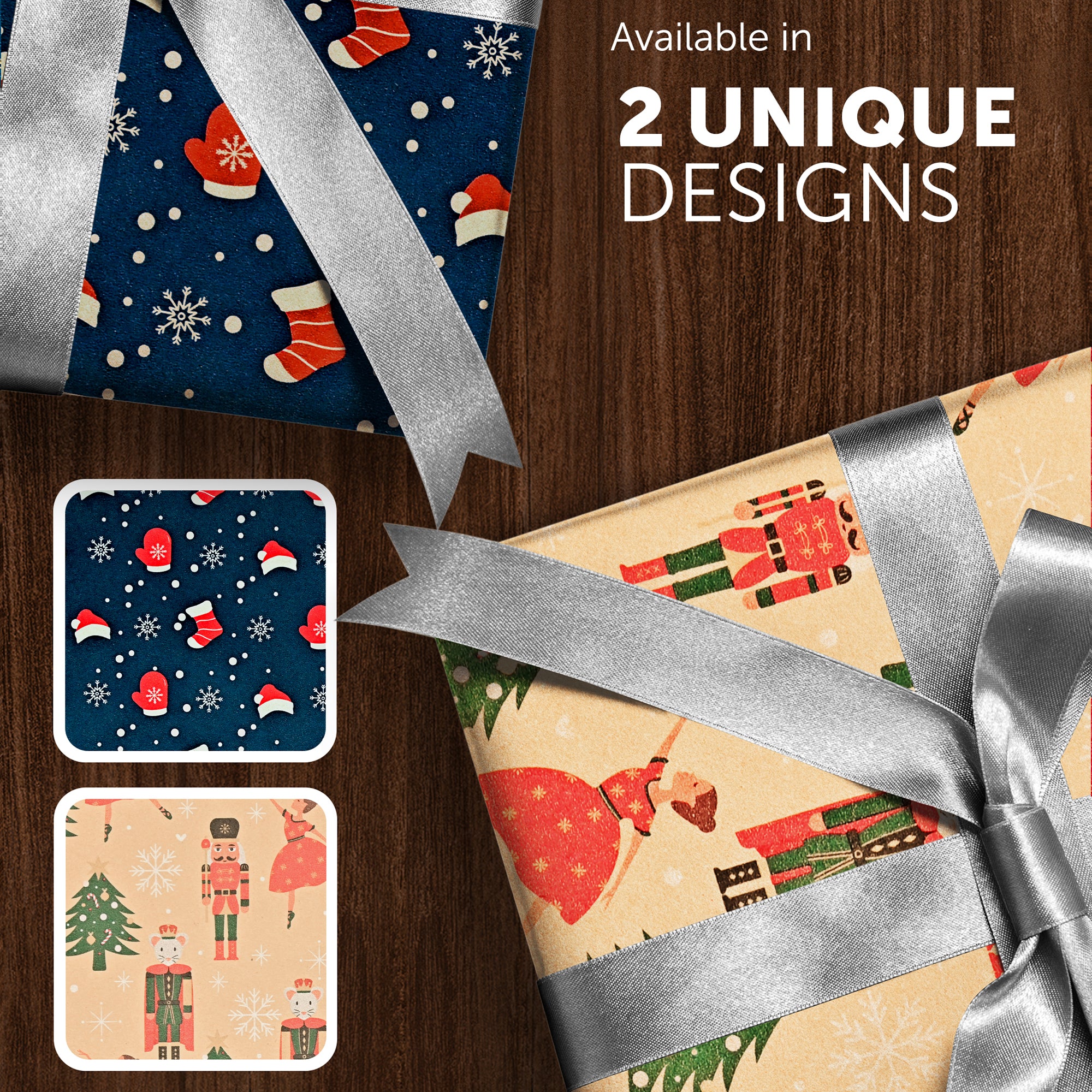 Kraft & Co 2 Pack Christmas Wrapping Paper Roll - Festive Designed Recyclable Kraft Paper, Perfect for Holiday Gifts, Arts & Crafts-Wrapping for a Merry Christmas (44.5cm x 25m)