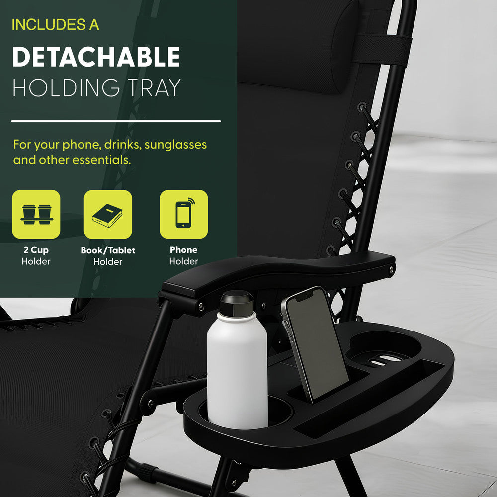 KEPLIN Set of 2 Heavy Duty Monocolour and Basic Textoline Zero Gravity Chairs for Garden Light Reclining Patio Sun loungers Easy to Clean Adjustable Head Rest Foldable with Cup & Phone Holder