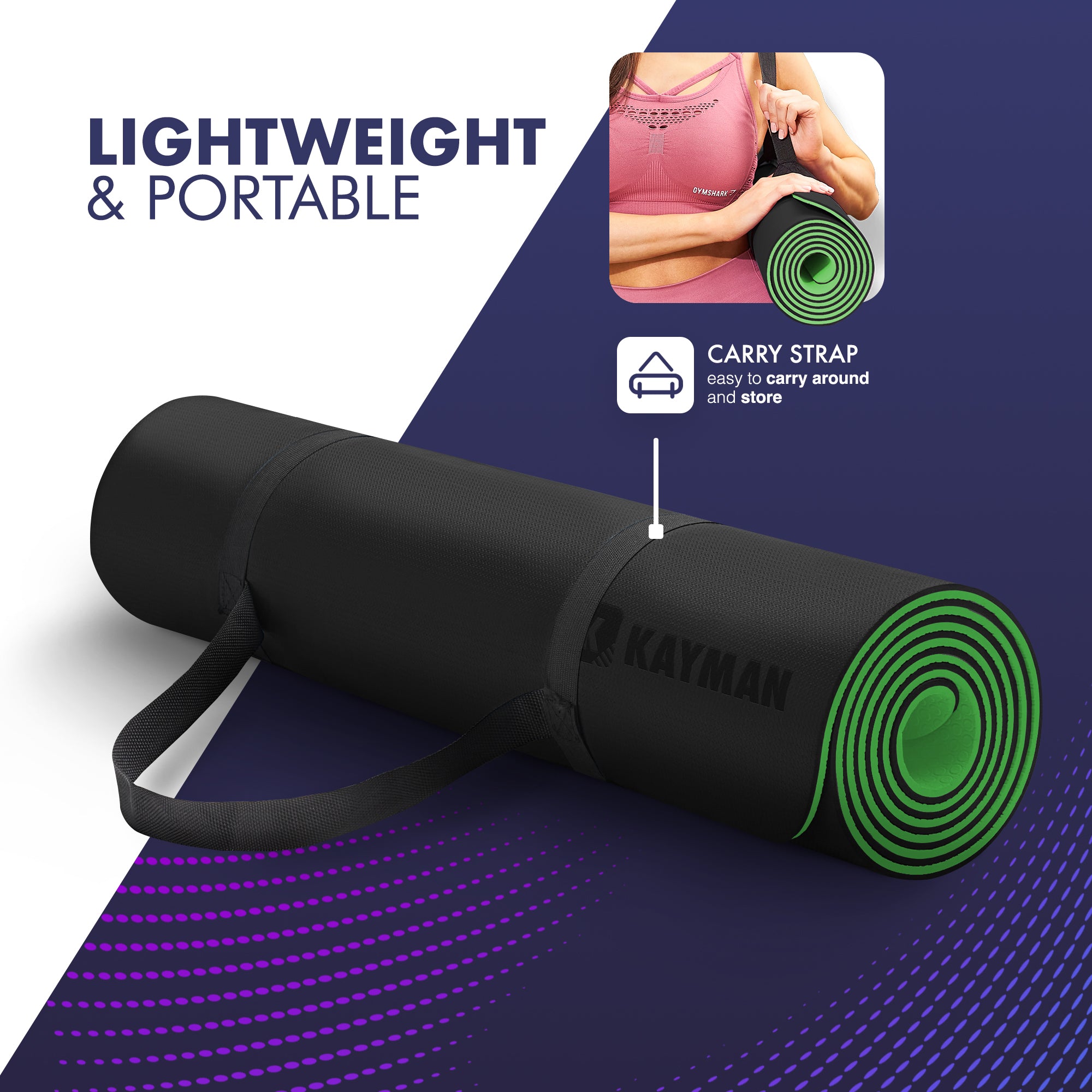 KAYMAN Yoga & Exercise Mat with Carry Strap, Large Non-Slip Comfortable Training & Workout Floor Mat for Home or Outdoor, Gym, Pilates, Gymnastics, HiiT, Stretching & Meditation