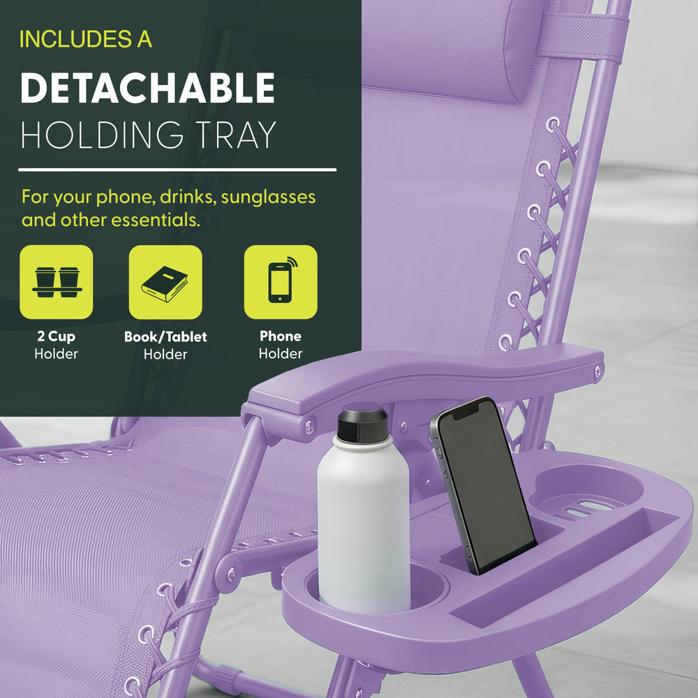 KEPLIN Set of 2 Heavy Duty Monocolour and Basic Textoline Zero Gravity Chairs for Garden Light Reclining Patio Sun loungers Easy to Clean Adjustable Head Rest Foldable with Cup & Phone Holder