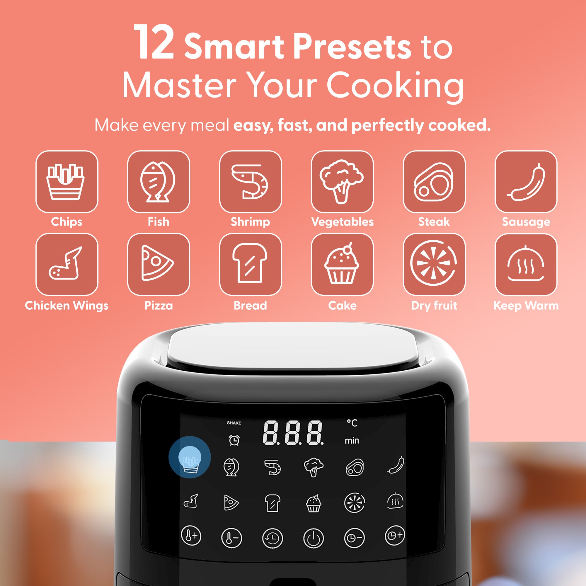 Keplin 4.5L Digital Air Fryer – 12 Smart Cooking Presets, Touchscreen Air Fryer for Healthy Low-Oil Cooking, Exclusive Heating Tech, Energy Saving, Easy-Clean Non-Stick Basket - 2 Year Warranty