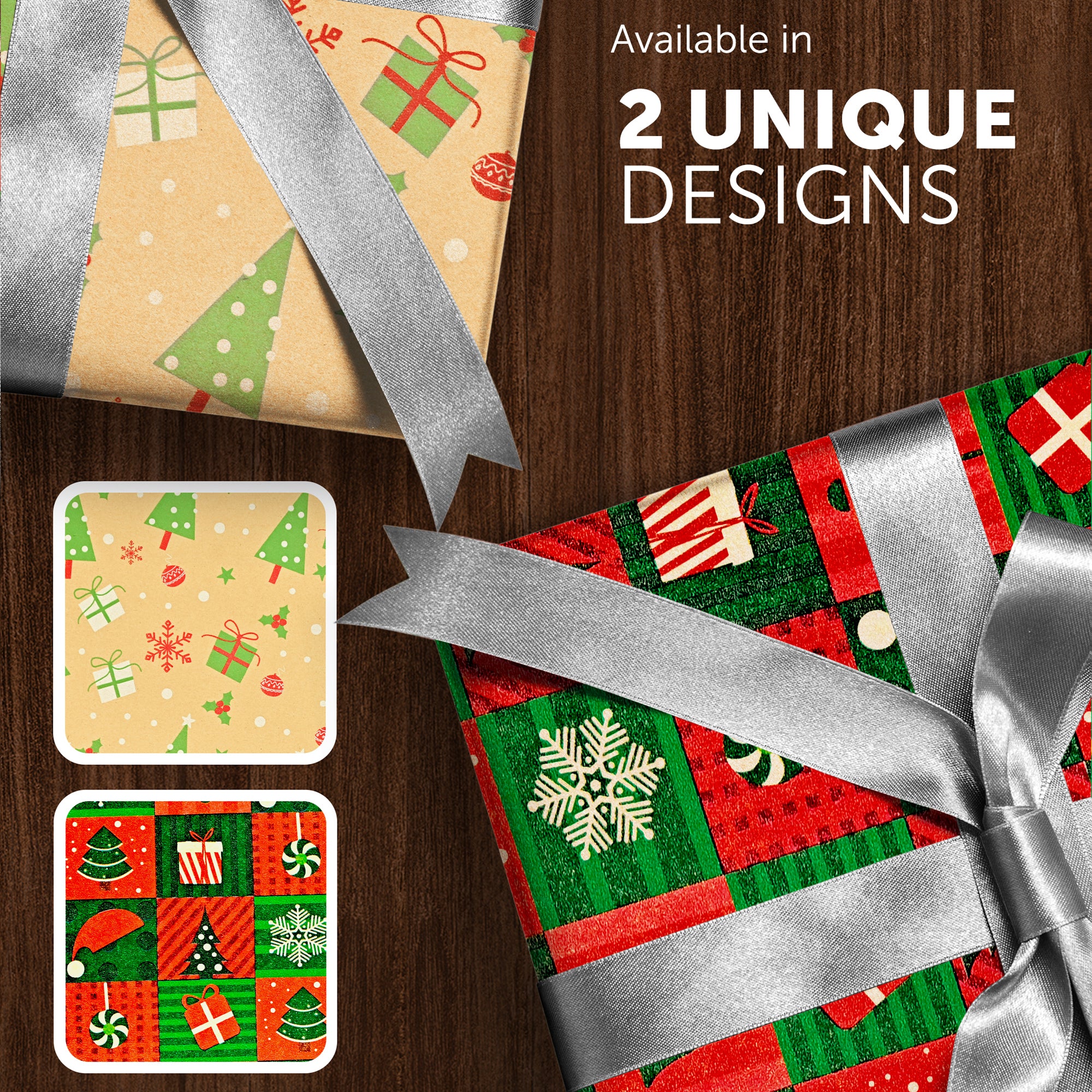 Kraft & Co 2 Pack Christmas Wrapping Paper Roll - Festive Designed Recyclable Kraft Paper, Perfect for Holiday Gifts, Arts & Crafts-Wrapping for a Merry Christmas (44.5cm x 25m)