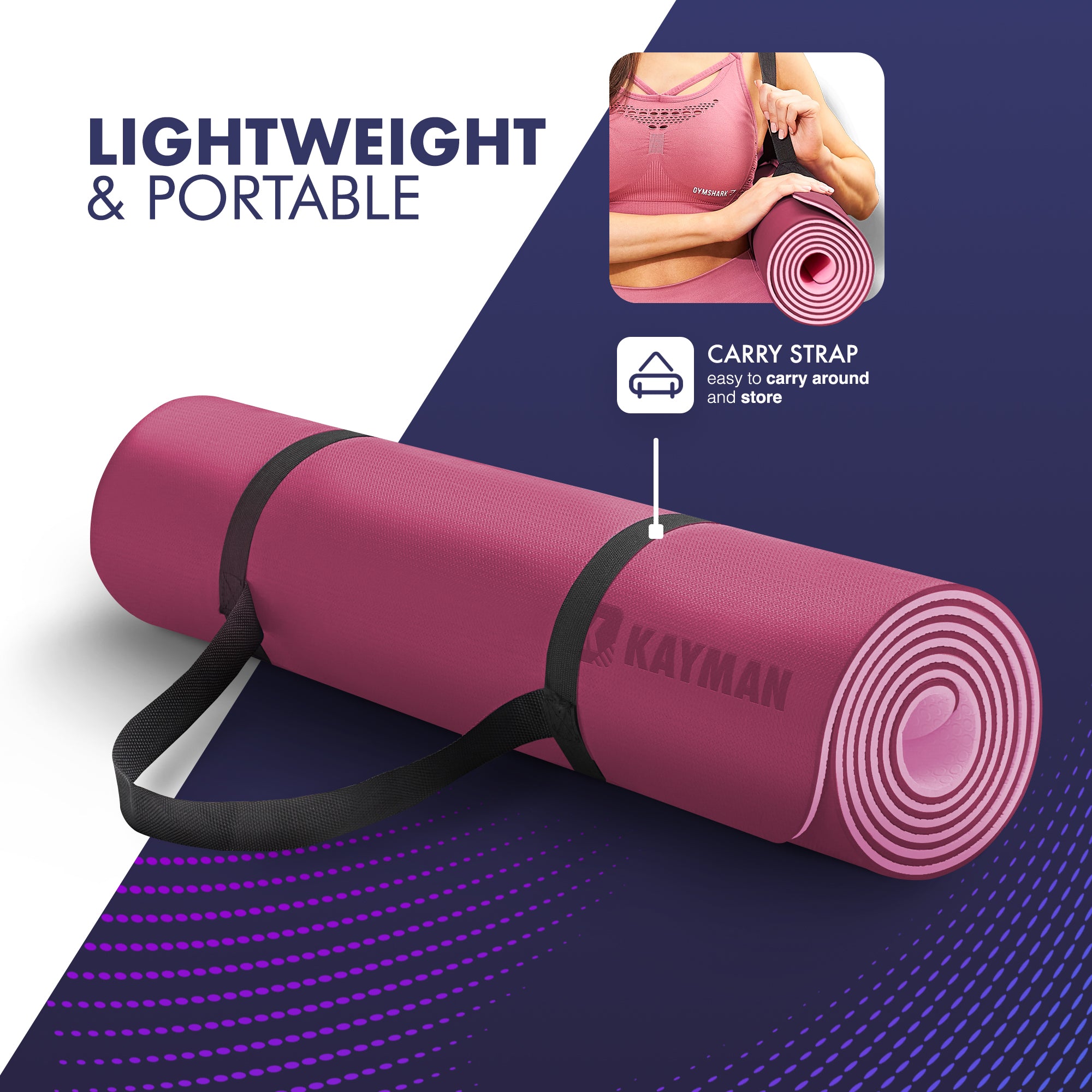 KAYMAN Yoga & Exercise Mat with Carry Strap, Large Non-Slip Comfortable Training & Workout Floor Mat for Home or Outdoor, Gym, Pilates, Gymnastics, HiiT, Stretching & Meditation