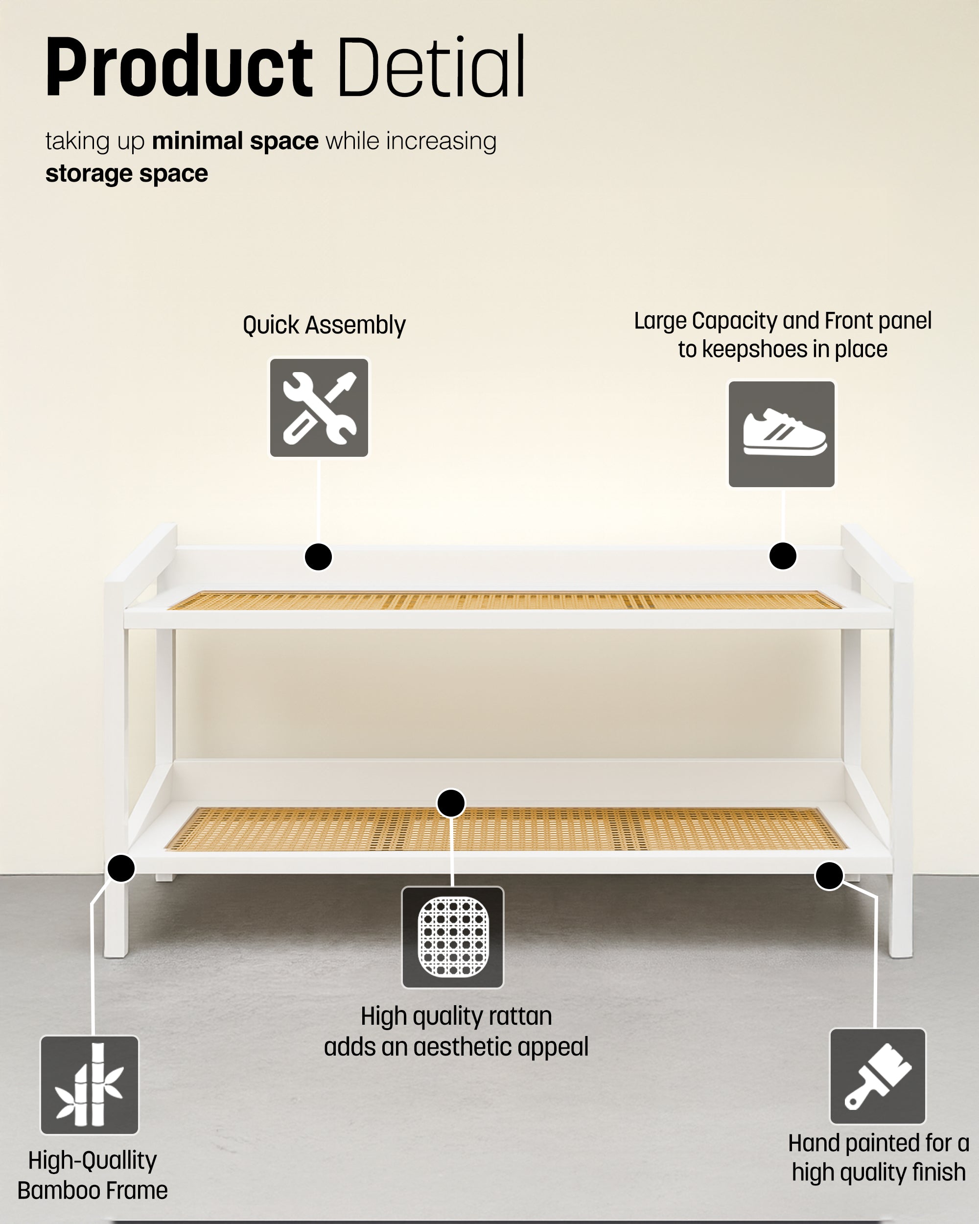 KEPLIN 2/3/4 Tier Bamboo and Rattan Shoe Rack Organiser – Eco-Friendly, Durable, Easy Assembly – Compact Design for Entryway, Closet, or Hallway – Stylish and Functional Storage – Black and Natural