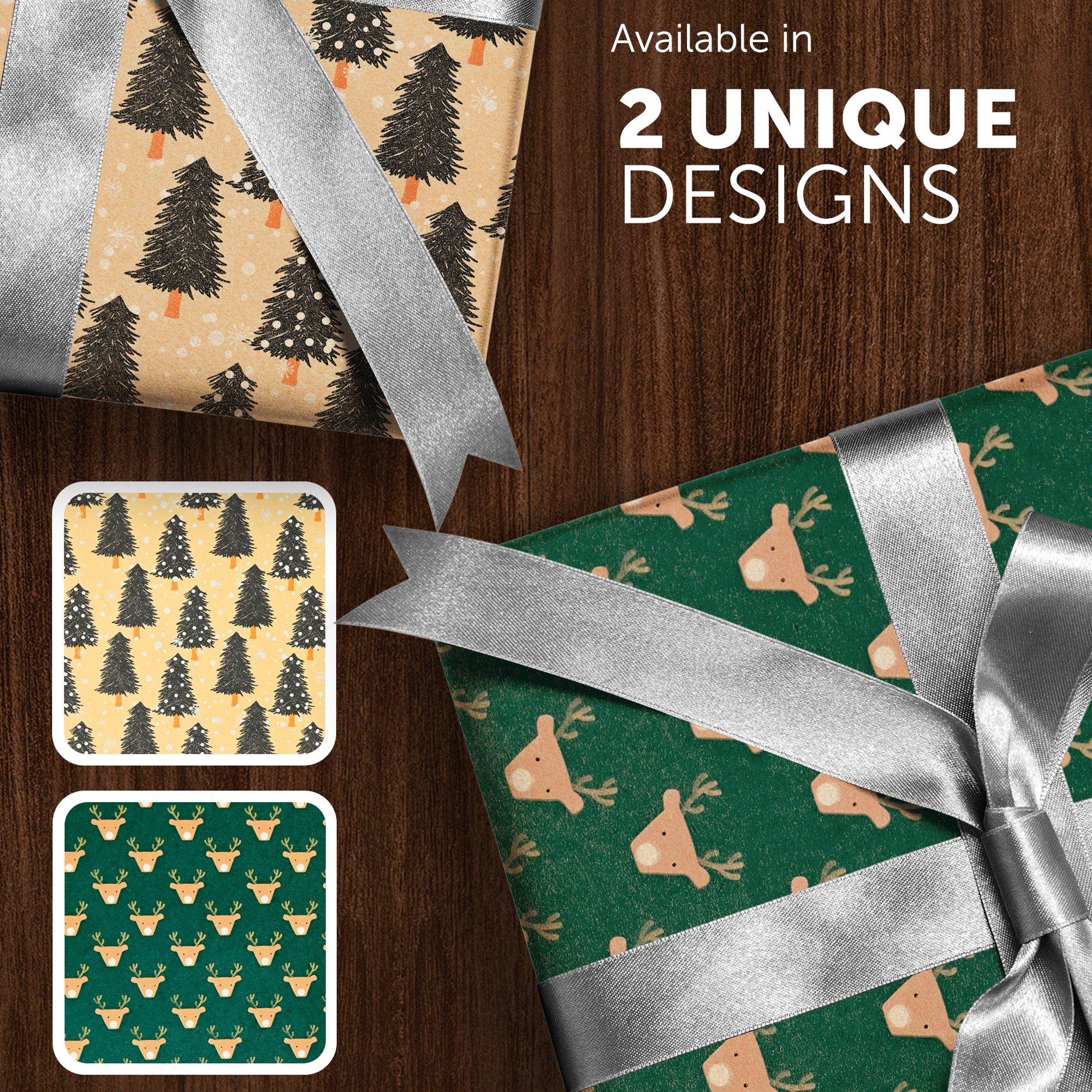 Kraft & Co 2 Pack Christmas Wrapping Paper Roll - Festive Designed Recyclable Kraft Paper, Perfect for Holiday Gifts, Arts & Crafts-Wrapping for a Merry Christmas (44.5cm x 25m)
