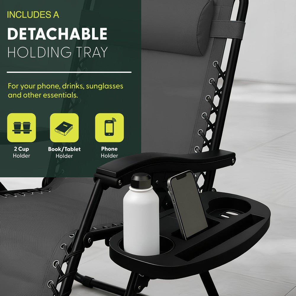 KEPLIN Set of 2 Heavy Duty Monocolour and Basic Textoline Zero Gravity Chairs for Garden Light Reclining Patio Sun loungers Easy to Clean Adjustable Head Rest Foldable with Cup & Phone Holder