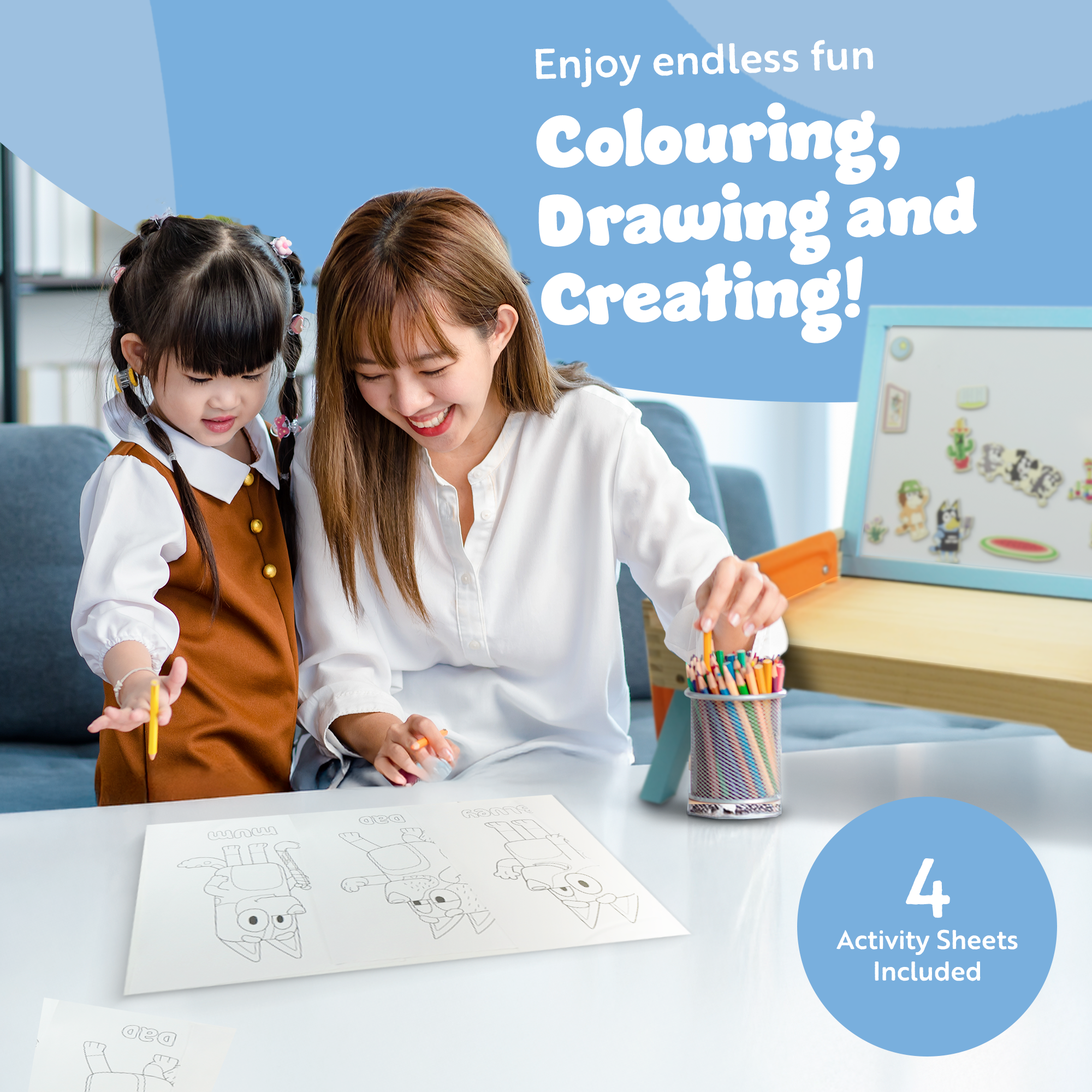 Bluey 102D Creation Station - 2 in 1 Magnetic Whiteboard & Lap Tray for Kids 3+, Portable, Sturdy & FSC-Certified, Compact & Kid-Safe