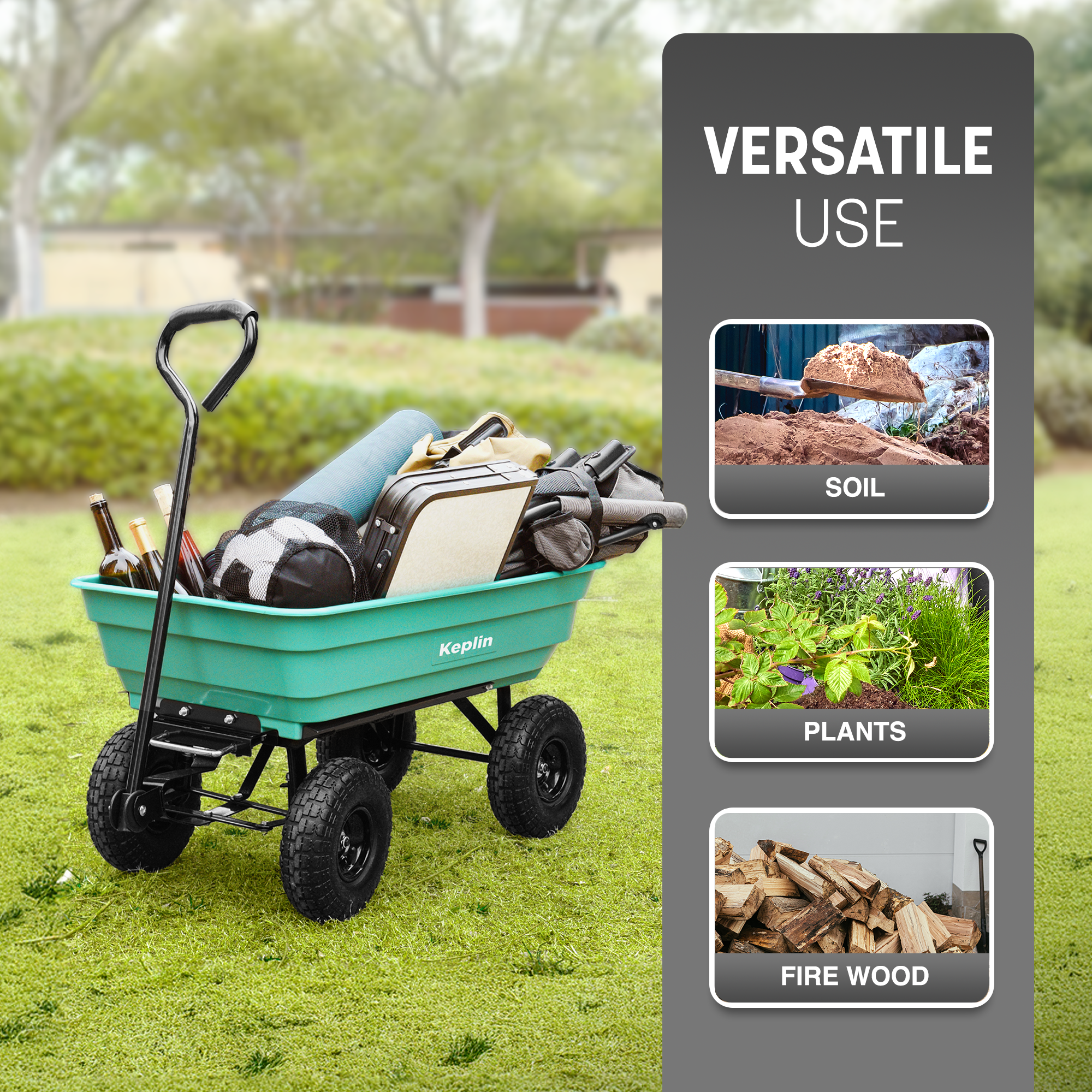 Keplin Plastic Wheelbarrow Cart(75L - 250kg Load), Heavy Duty Wheel Barrow with Tipping Mechanism, Tow Hitch & Pull Handle, Durable Steel Frame, 10” Pneumatic Wheels for Easy Transport on All Terrain