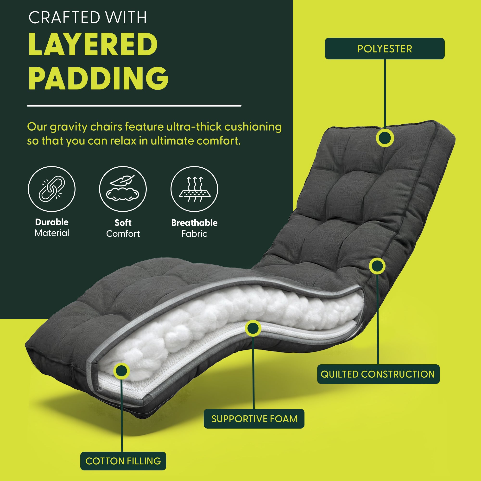 KEPLIN Square Tube Gravity Chair with Cushion – Extra-Wide 72cm Recliner, Adjustable Zero Gravity Lounger, Reinforced Frame, Supports 150kg, Premium Comfort for Indoor & Outdoor Relaxation