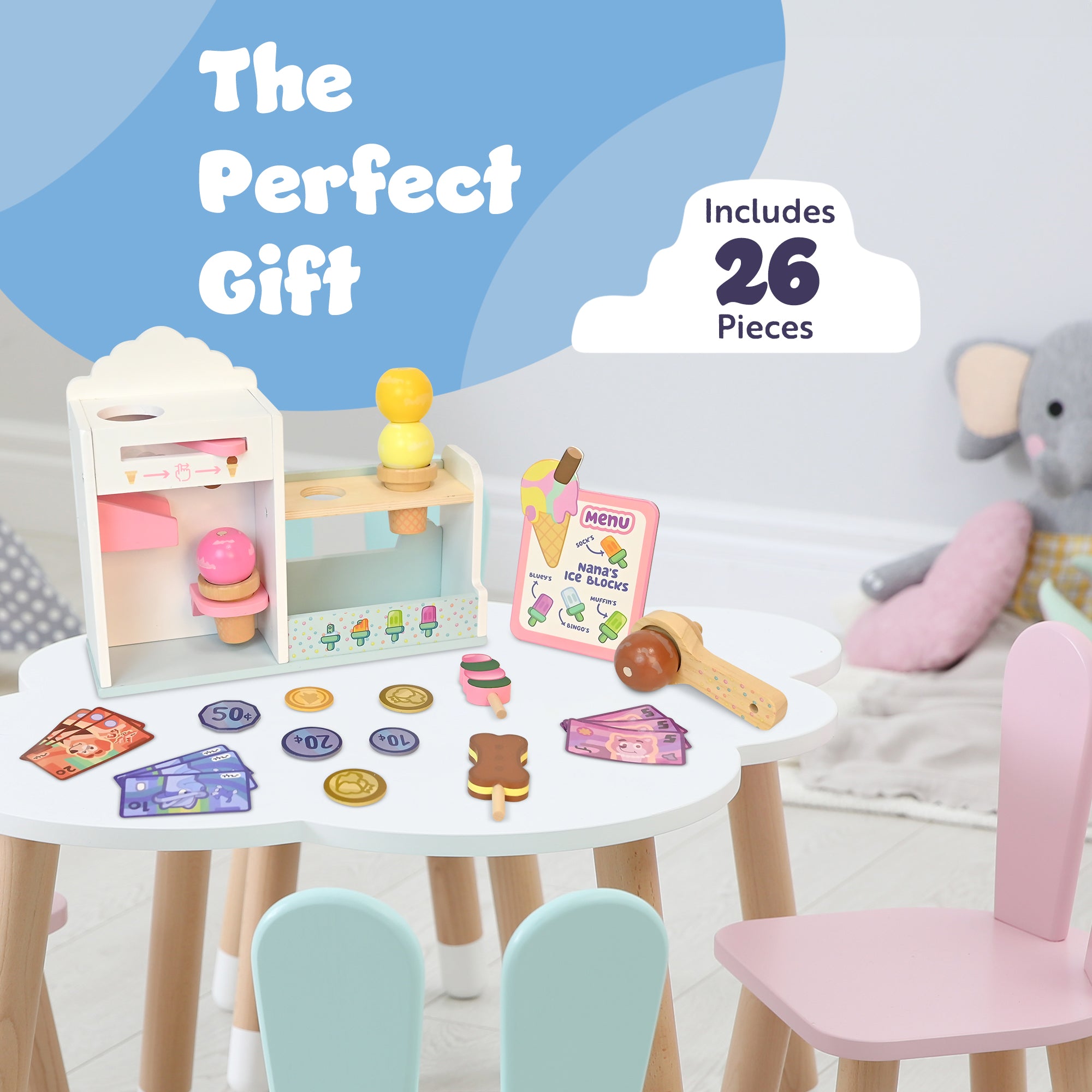 Bluey Ice Cream Playset – Kids' Toy Ice Cream Shop with Cones, Tubs, Lollies, Sprinkles & Payment Accessories – Fun Pretend Play Set for Toddlers & Children Toys for Boys & Girls