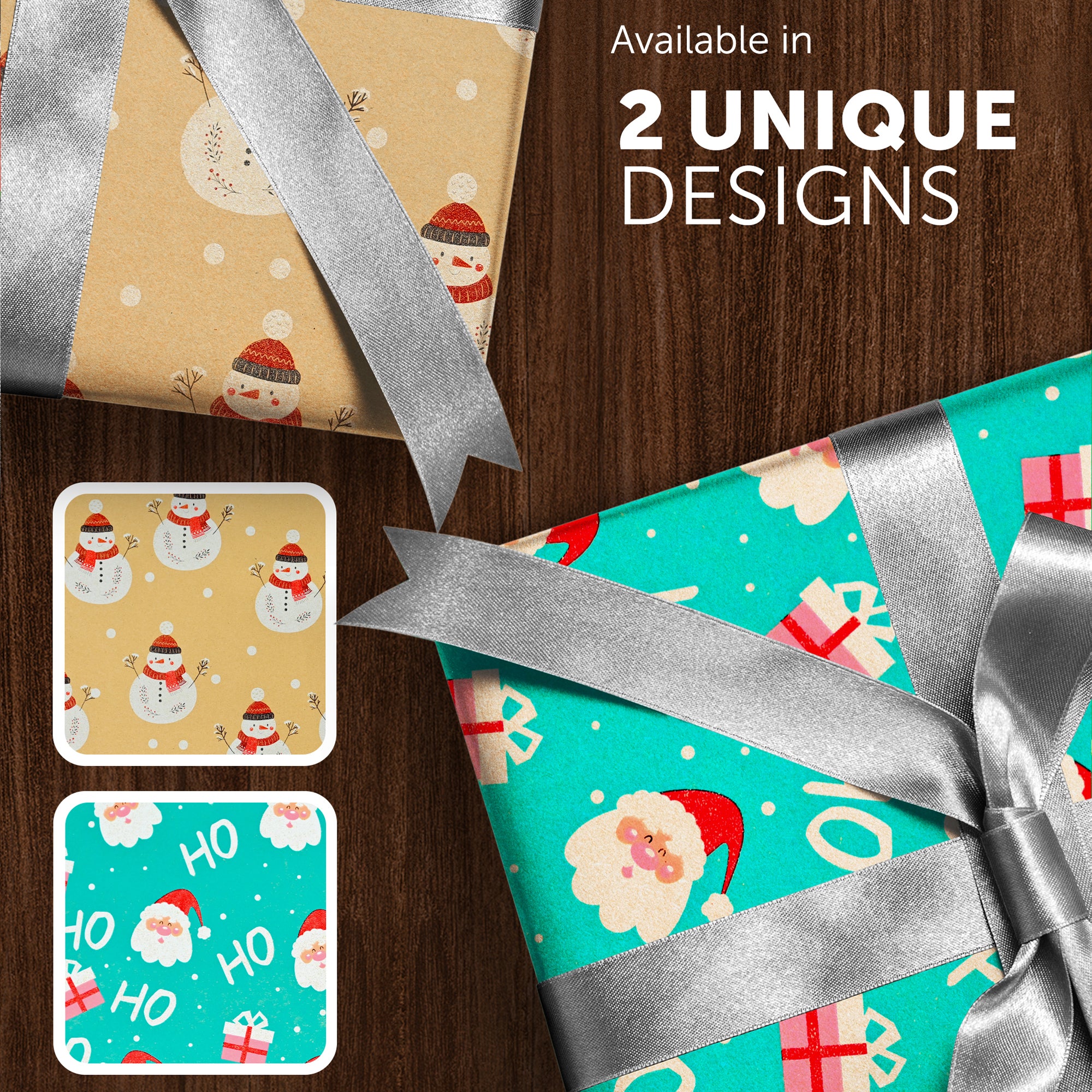 Kraft & Co 2 Pack Christmas Wrapping Paper Roll - Festive Designed Recyclable Kraft Paper, Perfect for Holiday Gifts, Arts & Crafts-Wrapping for a Merry Christmas (44.5cm x 25m)