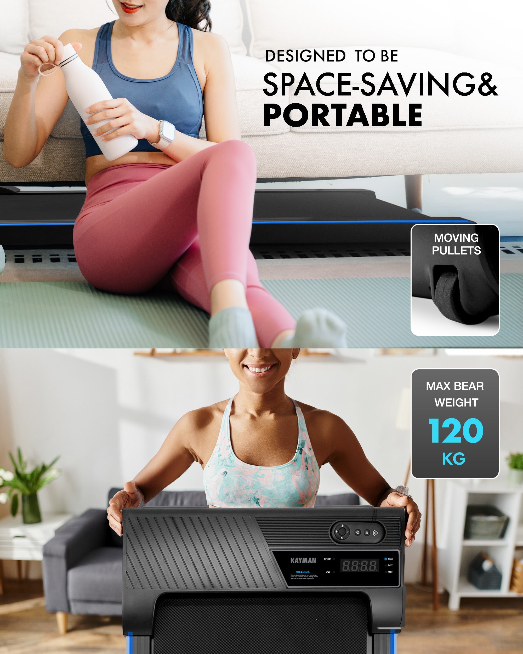 Kayman 3-in-1 Walking Pad Treadmill – Under Desk Electric Treadmill, Space-Saving, 120kg Capacity, 1–6km/h, Running, Walking & Working Modes, 2-Level Manual Incline, LED Display, Remote,900×400mm Belt