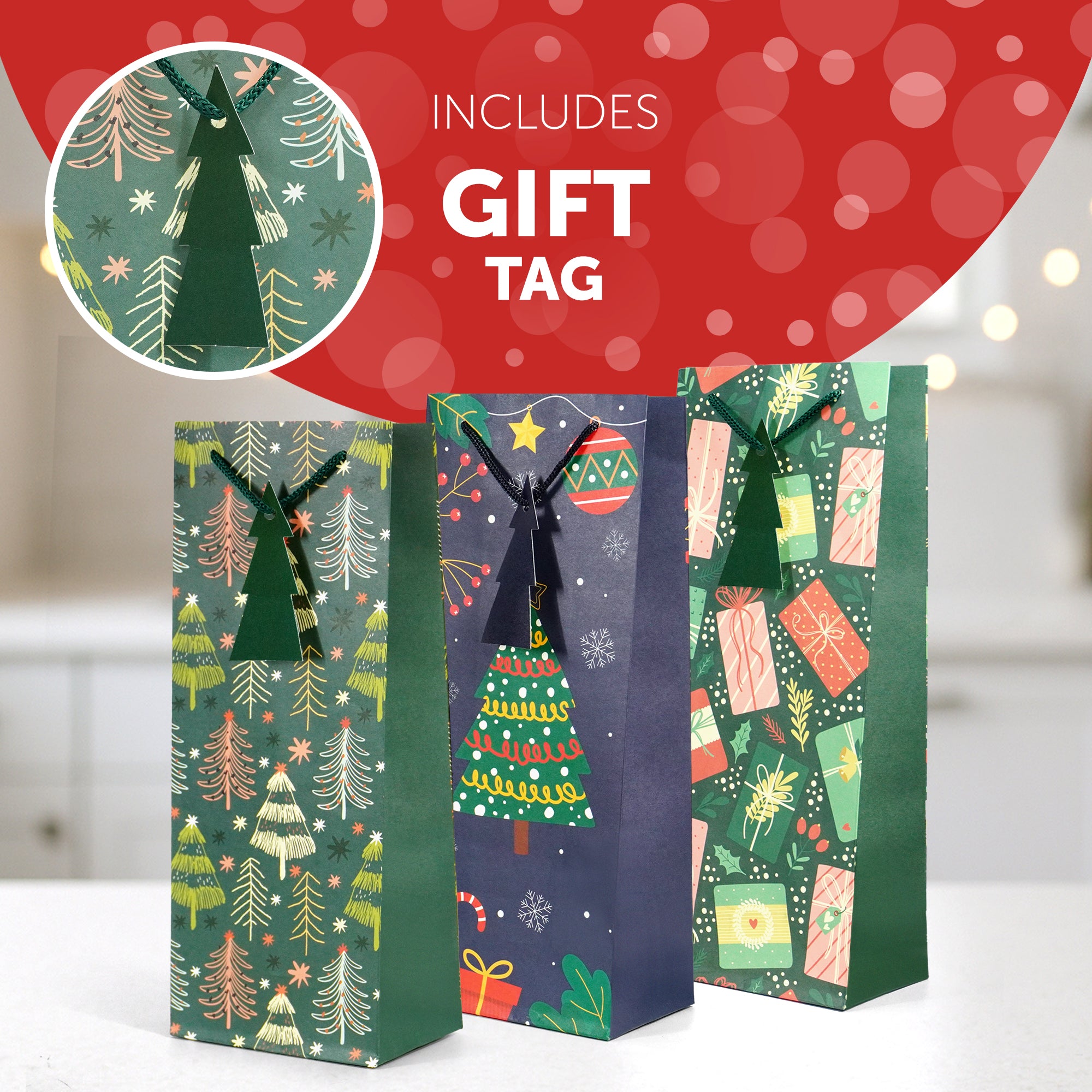Kraft & Co - Christmas Wine Bottle Bag, 3 Festive Designs- Joy, Festive, Sparkle, Pack of 3