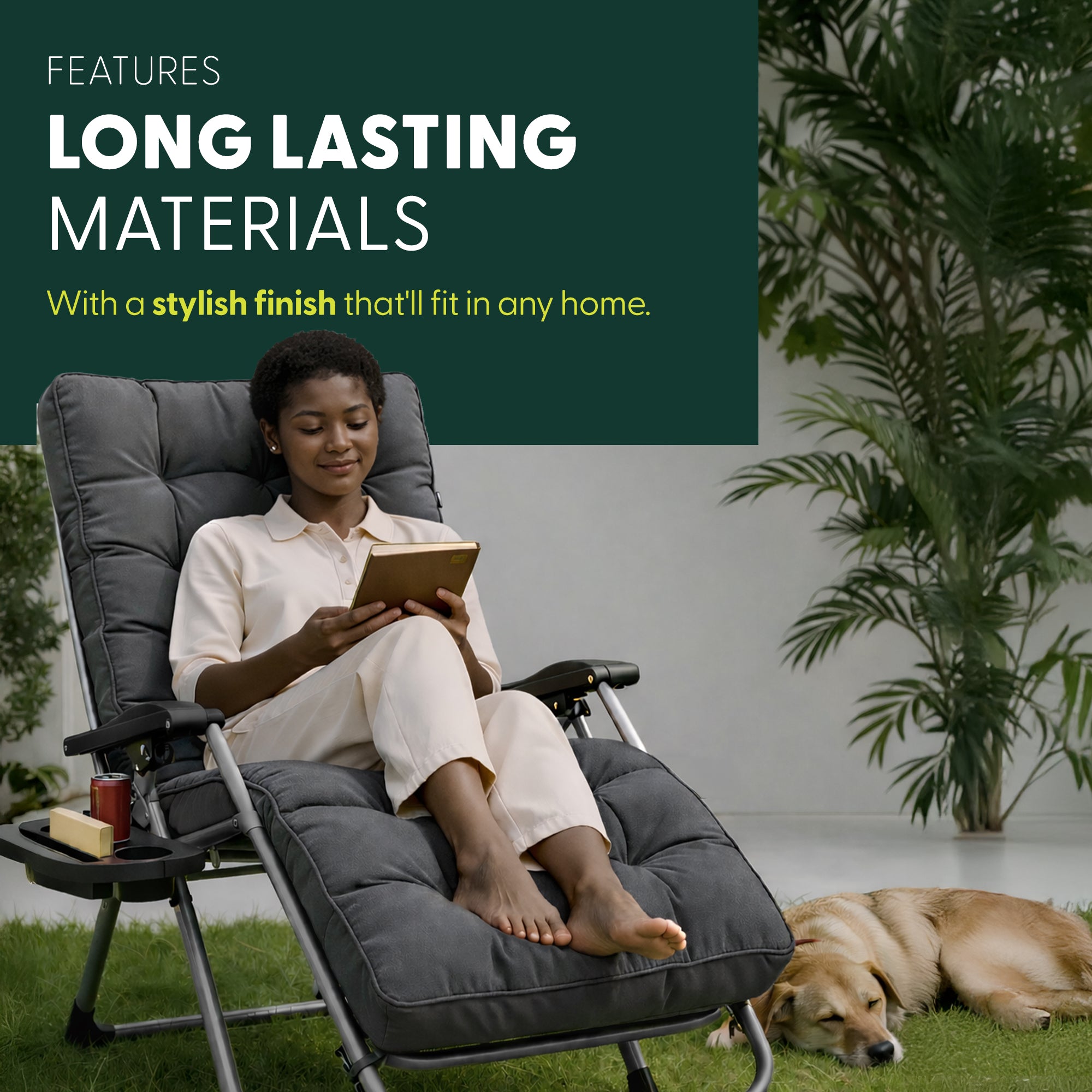 KEPLIN Square Tube Gravity Chair with Cushion – Extra-Wide 72cm Recliner, Adjustable Zero Gravity Lounger, Reinforced Frame, Supports 150kg, Premium Comfort for Indoor & Outdoor Relaxation