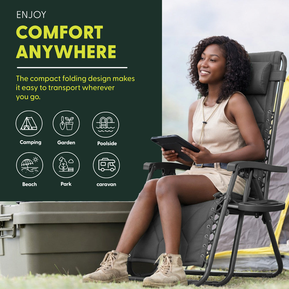 KEPLIN Set of 2 XXL Premium Heavy Duty Quilted Zero Gravity Chairs - Luxurious Garden Recliners, Adjustable Headrest, Cup & Phone Holder, Foldable, Easy to Clean Patio Sun Loungers