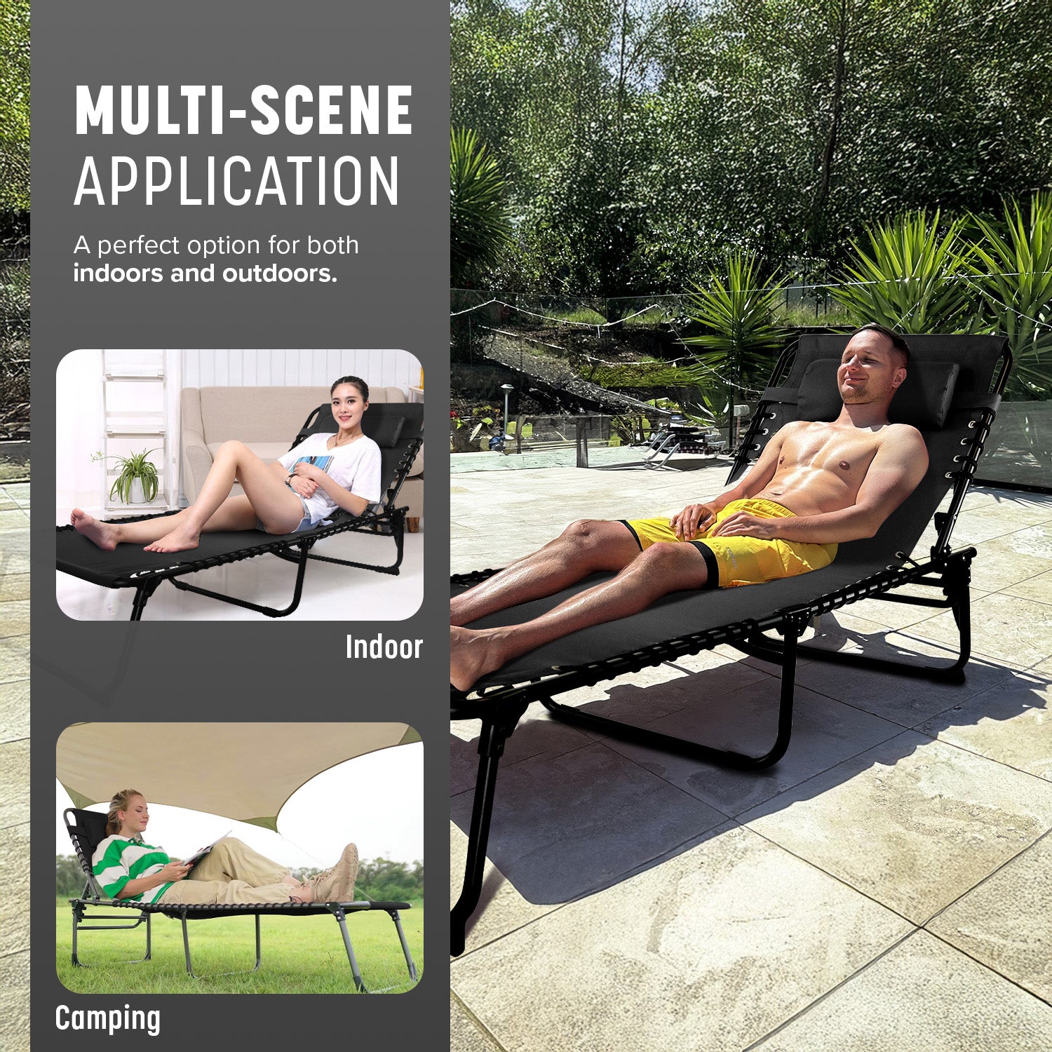 KEPLIN Foldable Recliner Sun Lounger - 600D Oxford Fabric - Adjustable Back and Leg Rests - Lightweight and Portable - Compact Space-Saving Design - Durable Outdoor Use - 190 x 65 x 30 cm