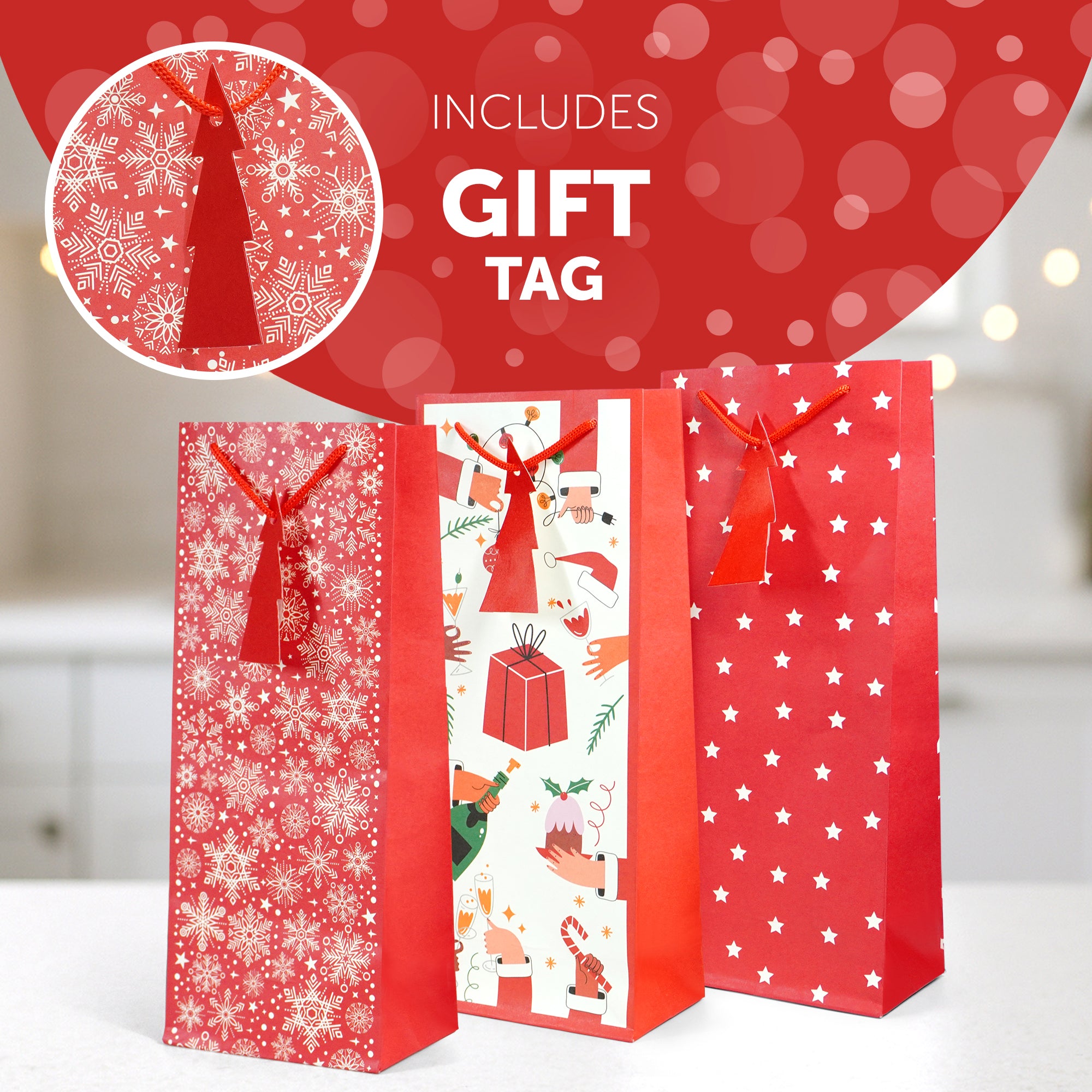 Kraft & Co - Christmas Wine Bottle Bag, 3 Festive Designs- Joy, Festive, Sparkle, Pack of 3