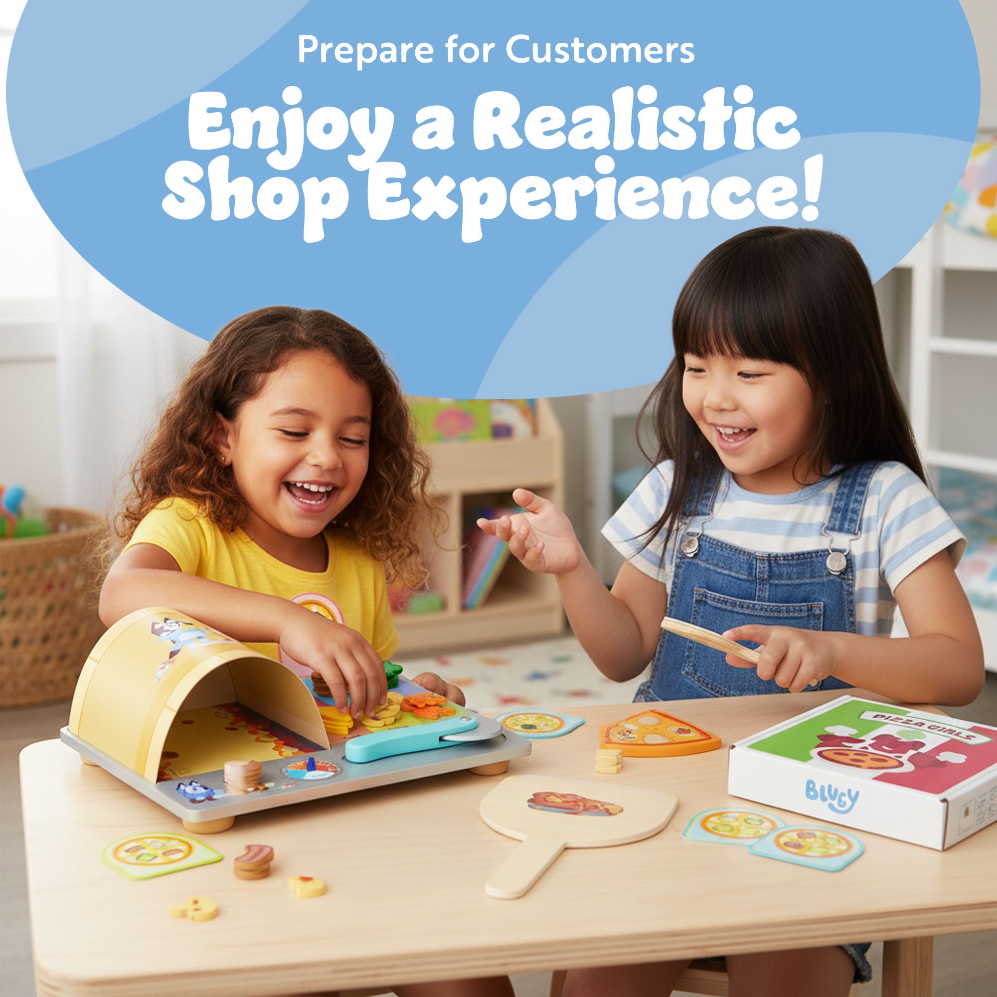 Bluey Pizza Girls Set – 35-Piece Pretend Play Food Set, Wooden Pizza Playset with Oven, Pizza Slices, Box, Cutter, Paddle, Order Cards, and Toppings, Pizza Girls Toy Set