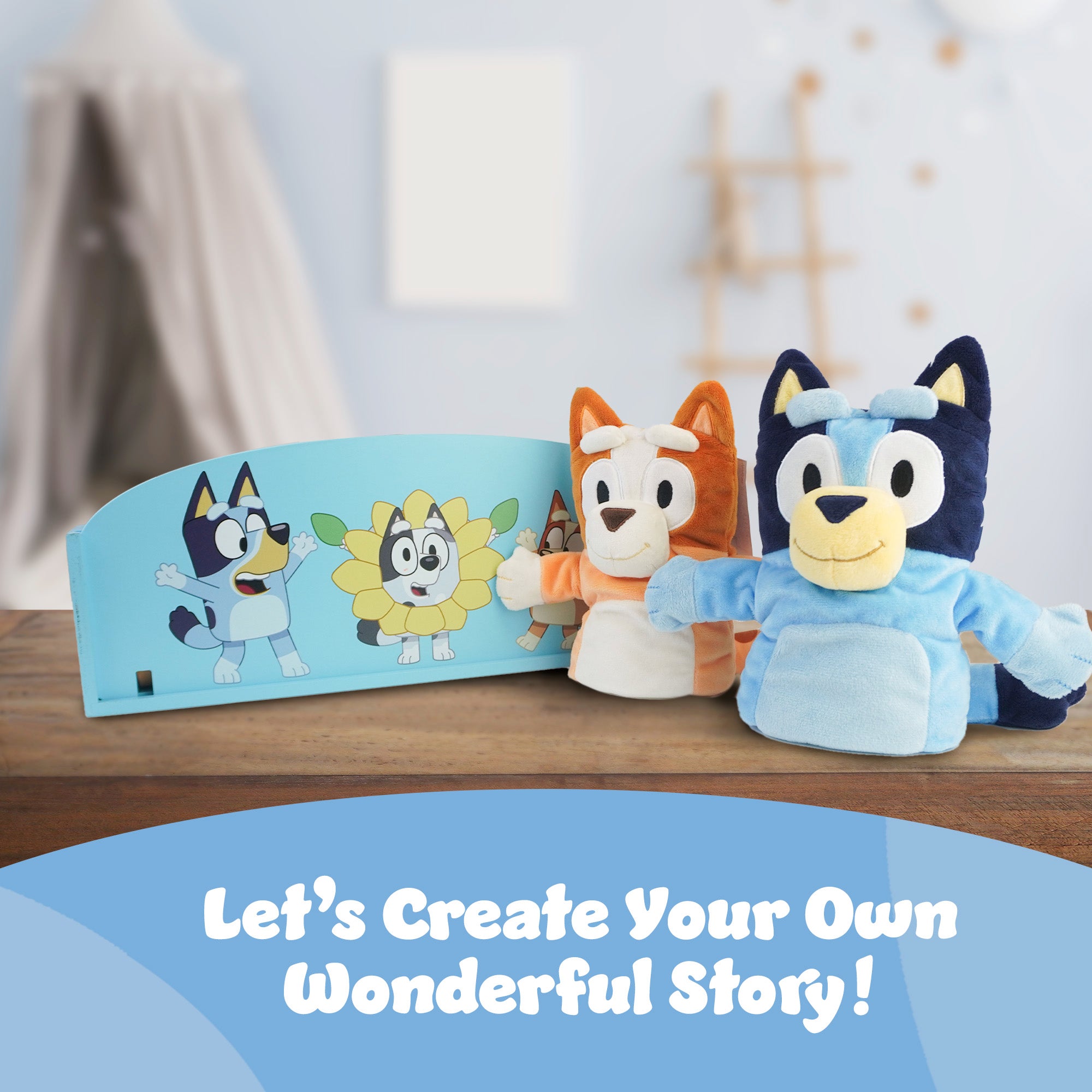 Bluey Wooden Puppet Theater Playset - FSC-Certified Wood, Eco-Friendly Toy for Kids 3+