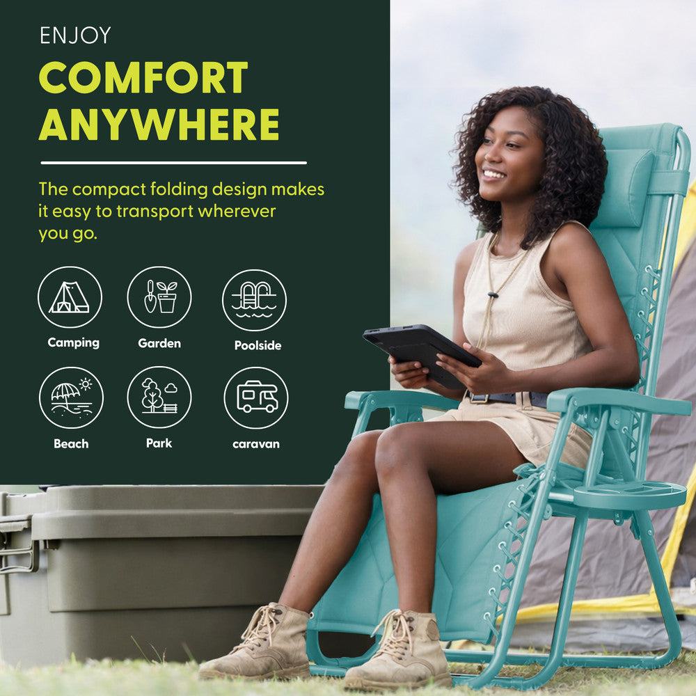 KEPLIN Set of 2 XXL Premium Heavy Duty Quilted Zero Gravity Chairs - Luxurious Garden Recliners, Adjustable Headrest, Cup & Phone Holder, Foldable, Easy to Clean Patio Sun Loungers