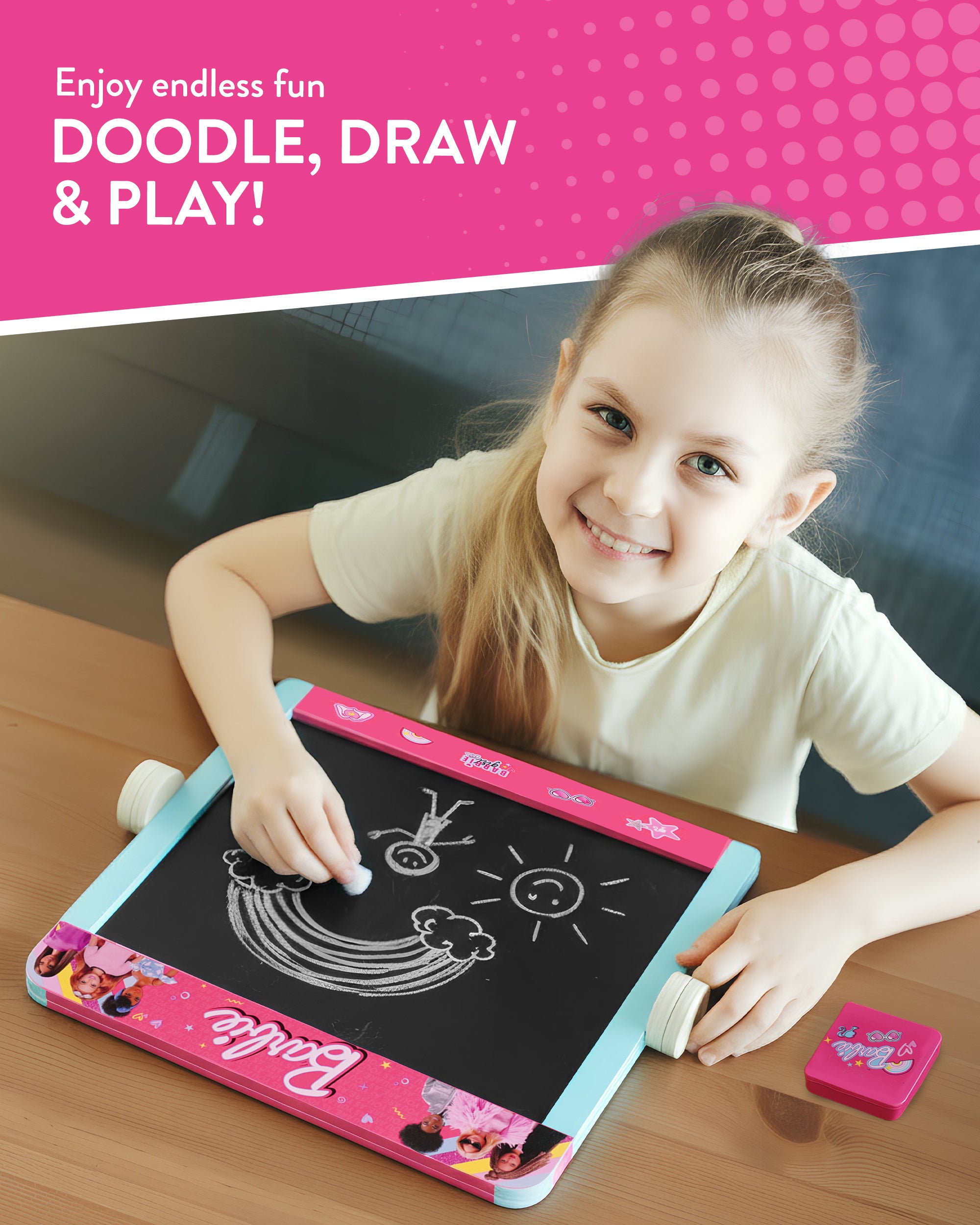 Barbie Tabletop Easel – Double Sided Blackboard & Whiteboard with Pen, Eraser & Chalk – Kids Drawing Art Board – Wooden Easel for Creative Play