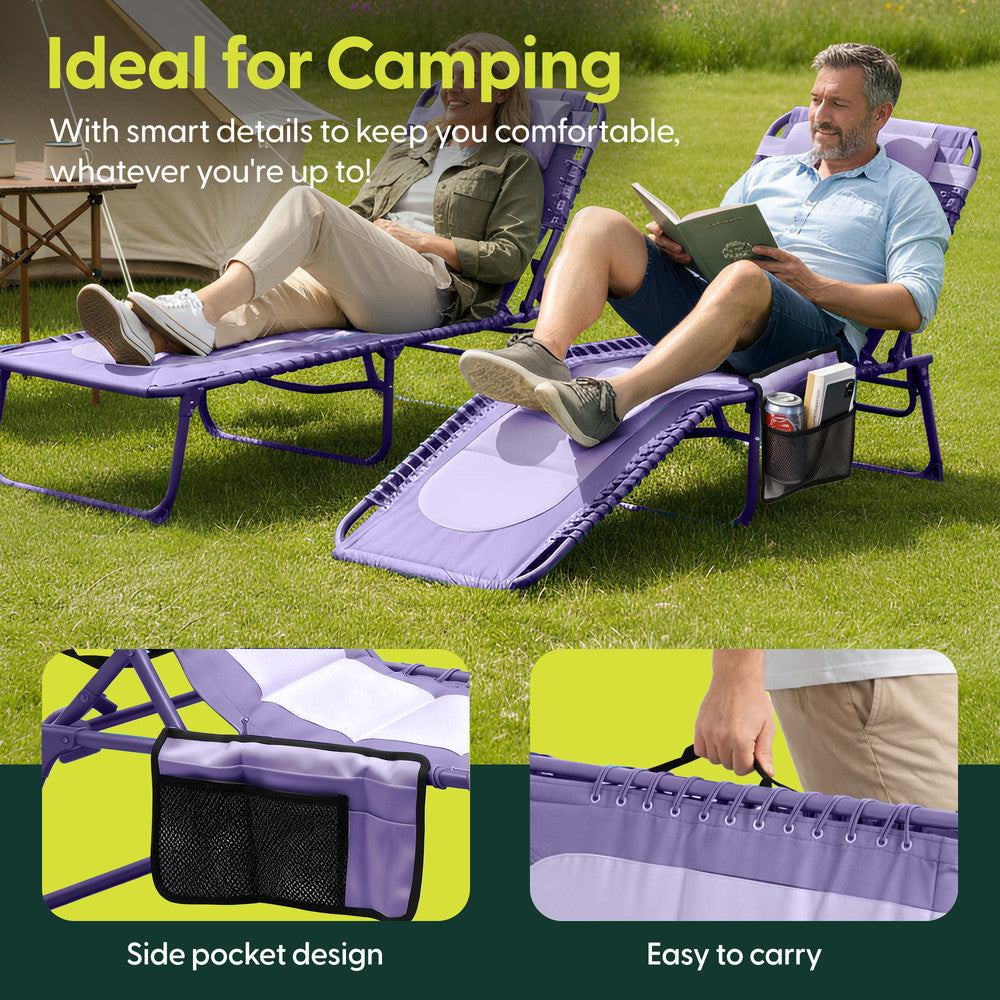 KEPLIN Foldable Sun Lounger Chair - Outdoor Garden Recliner with Color Block Design, 4 Position Adjustable Backrest, Padded 600D Oxford Fabric, Portable Patio Camping Deck Chair 110kg