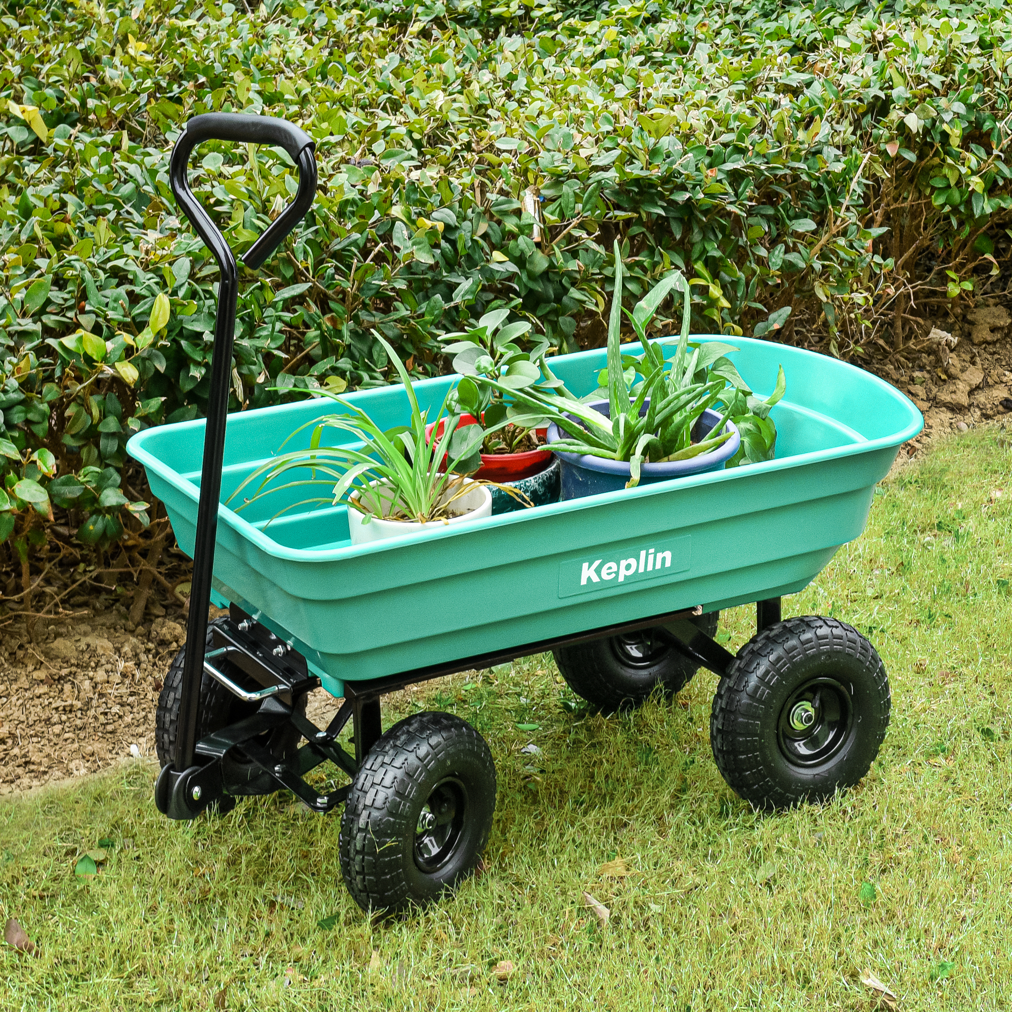Keplin Plastic Wheelbarrow Cart(75L - 250kg Load), Heavy Duty Wheel Barrow with Tipping Mechanism, Tow Hitch & Pull Handle, Durable Steel Frame, 10” Pneumatic Wheels for Easy Transport on All Terrain