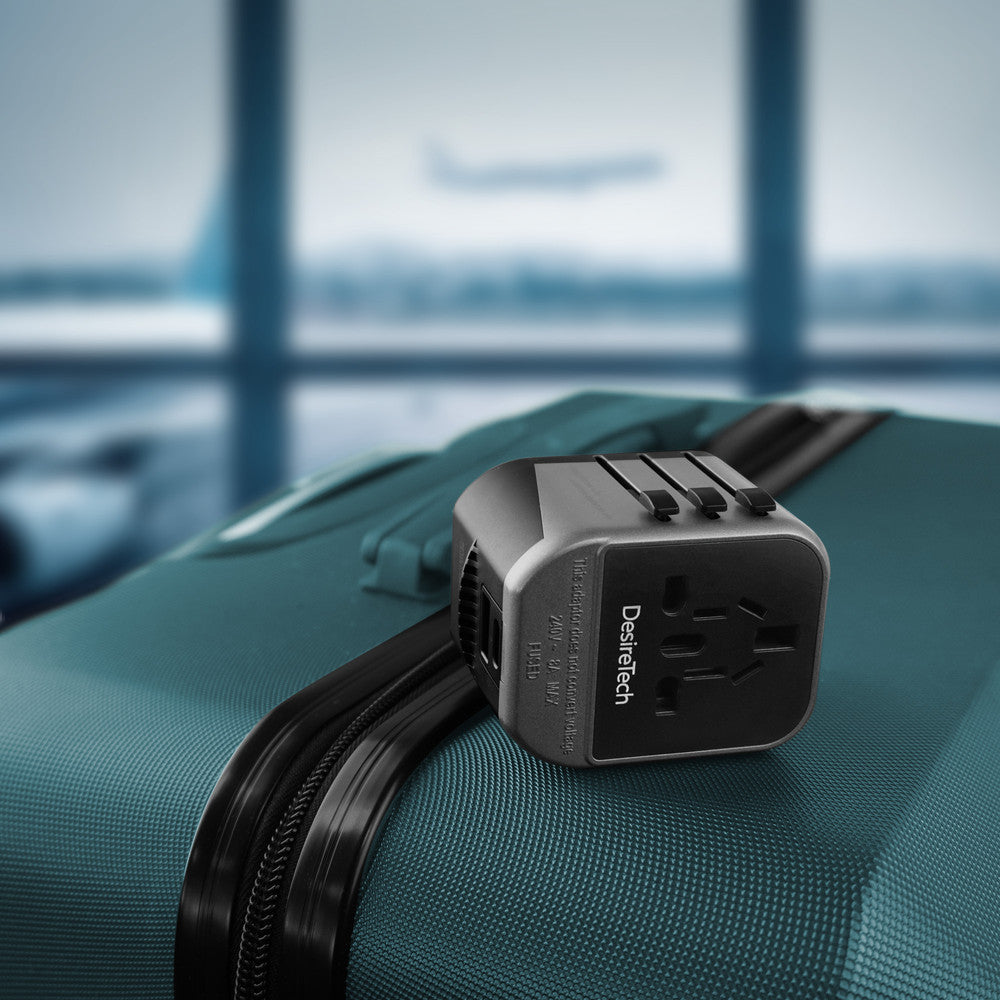 Desiretech Travel Adaptor 4-in-1 Universal Plug Adapter with USB-A, USB-C, Phone Docking - Compact UK to World Adaptor, Double Fuse Protection - Perfect for Europe, USA, Asia & Beyond