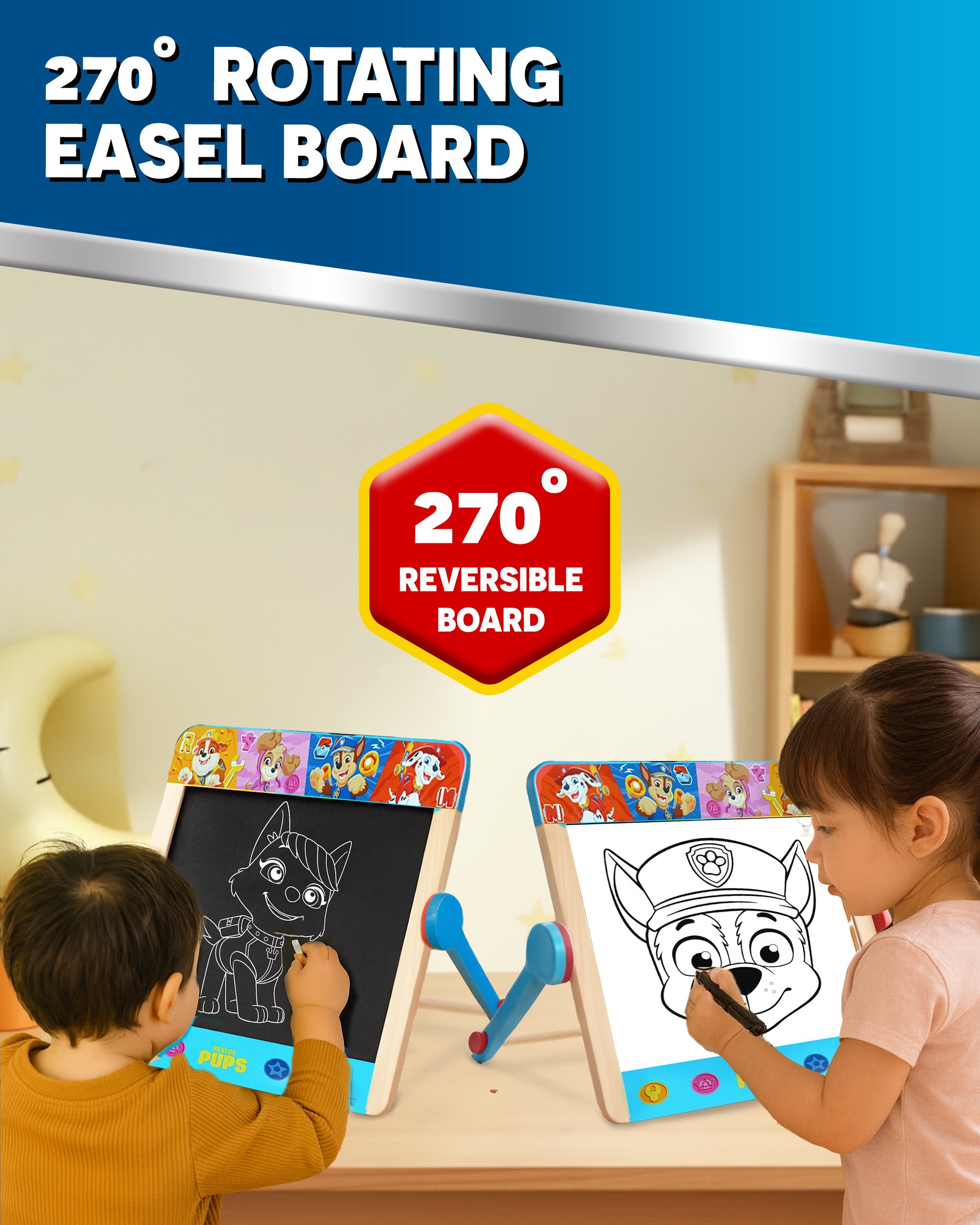 Paw Patrol Tabletop Easel for Kids – 2 in 1 Double-Sided Chalkboard and Whiteboard with Pen, Chalk & Eraser – Portable Drawing Board for Children